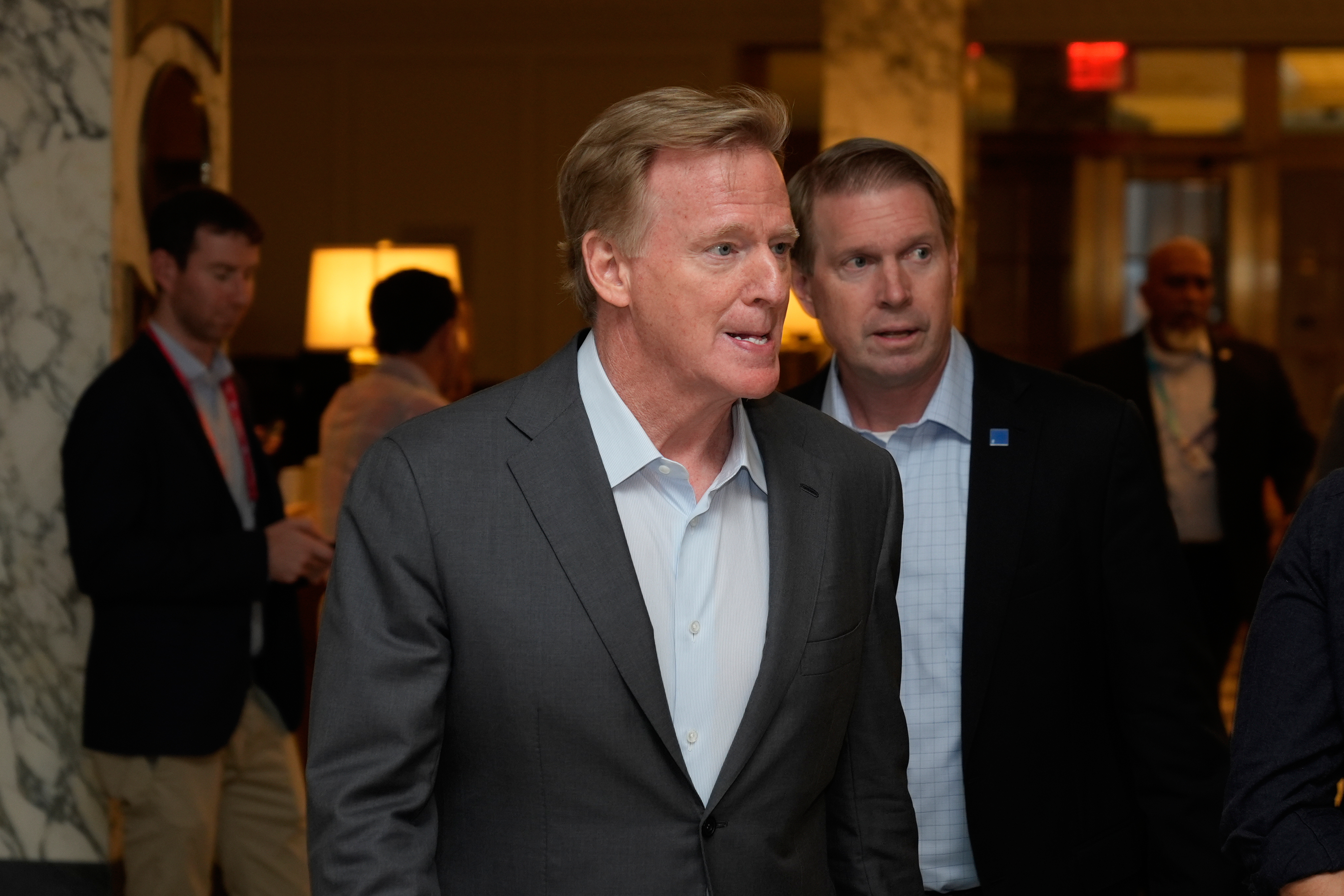 NFL commissioner Roger Goodell arrives for NFL owners meetings in New York, Tuesday, Oct. 21, 2025. (AP Photo/Seth Wenig)
