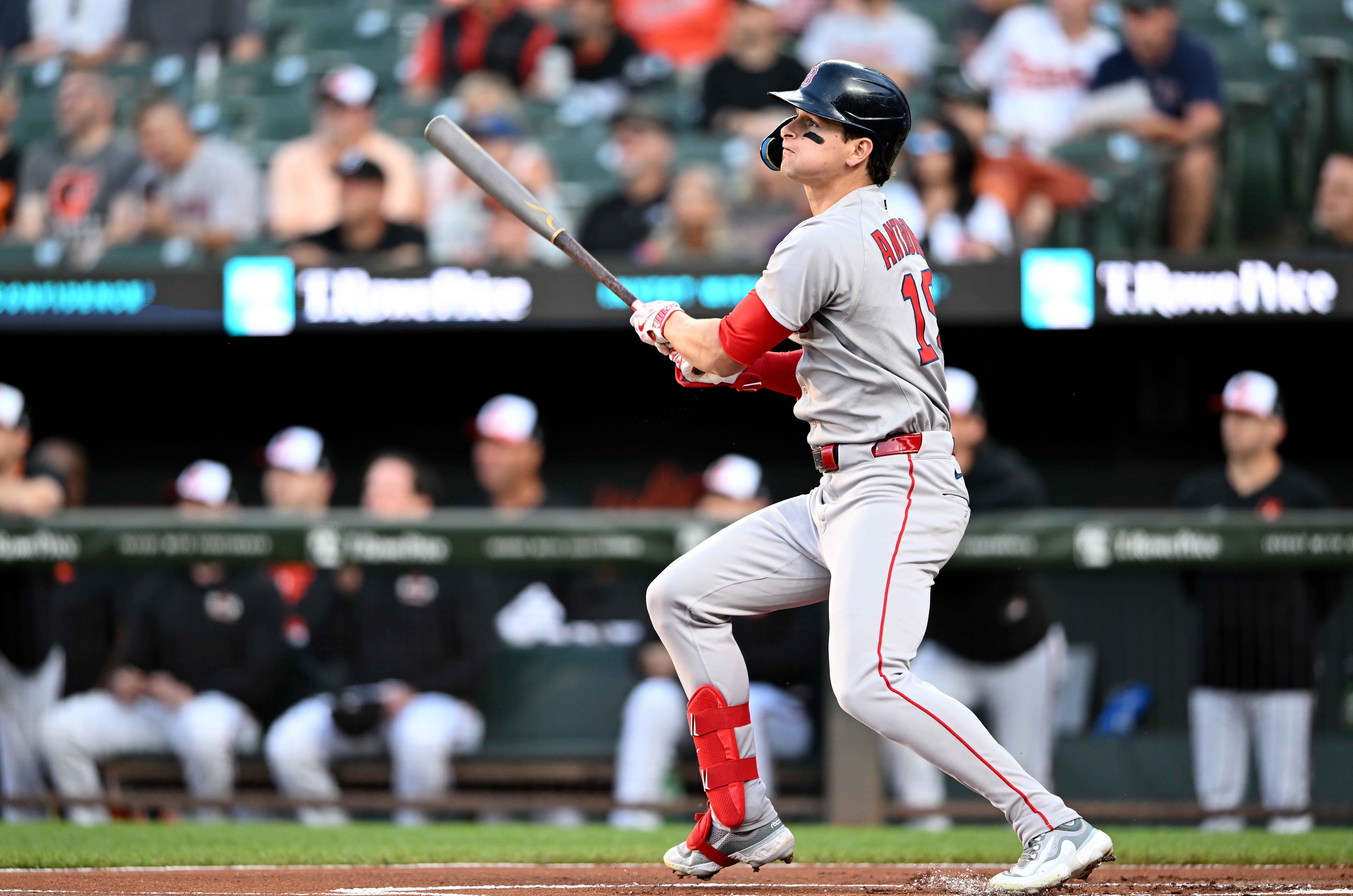 BALTIMORE, MARYLAND - AUGUST 27: Roman Anthony #19 of the Boston Red Sox bats against the Baltimore Orioles at Oriole Park at Camden Yards on August 27, 2025 in Baltimore, Maryland. (Photo by G Fiume/Getty Images)