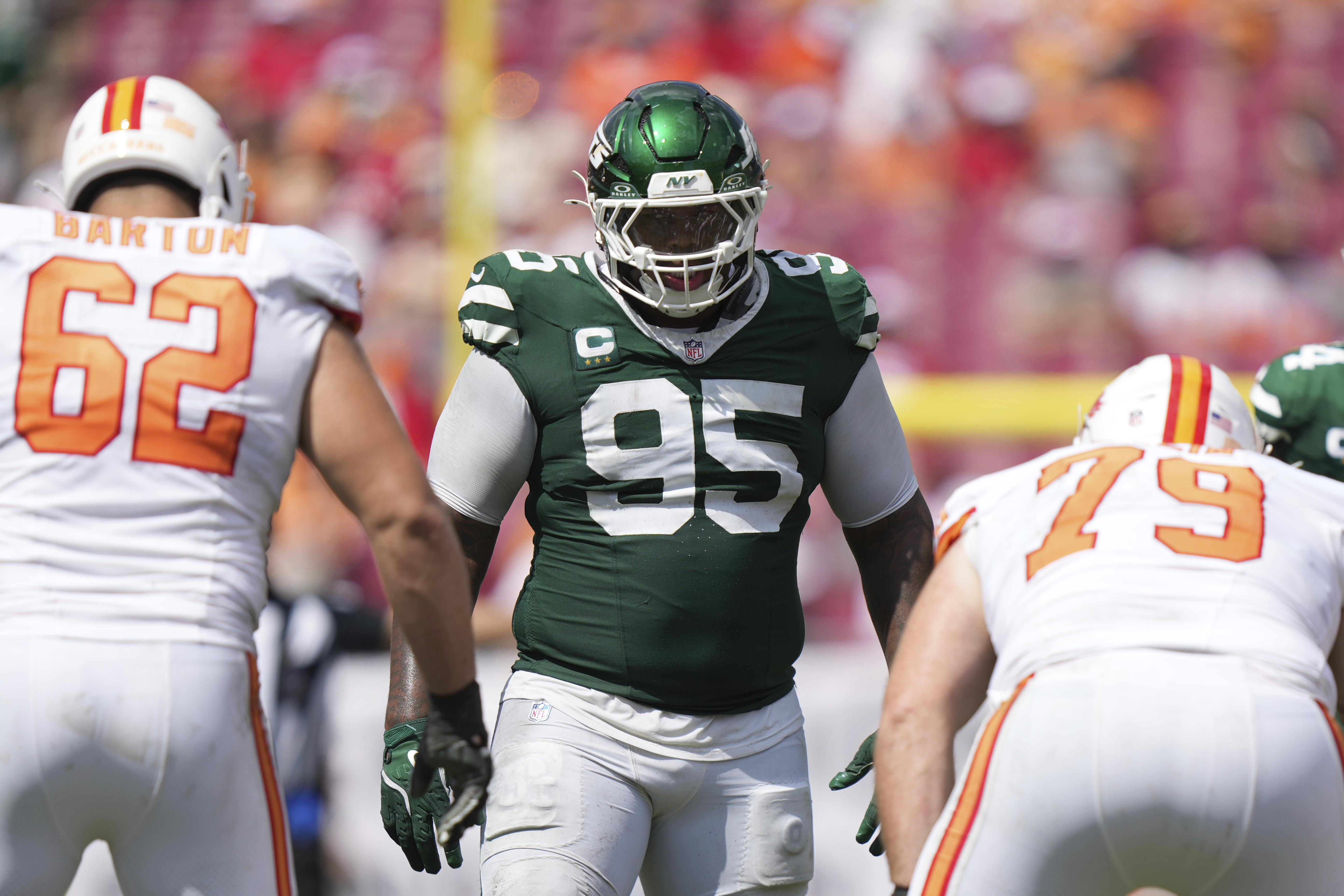 New York Jets defensive tackle Quinnen Williams (95) lines up for a play during an NFL football game against the Tampa Bay Buccaneers, Sunday, Sept. 21, 2025, in Tampa, Fla. (AP Photo/Peter Joneleit)