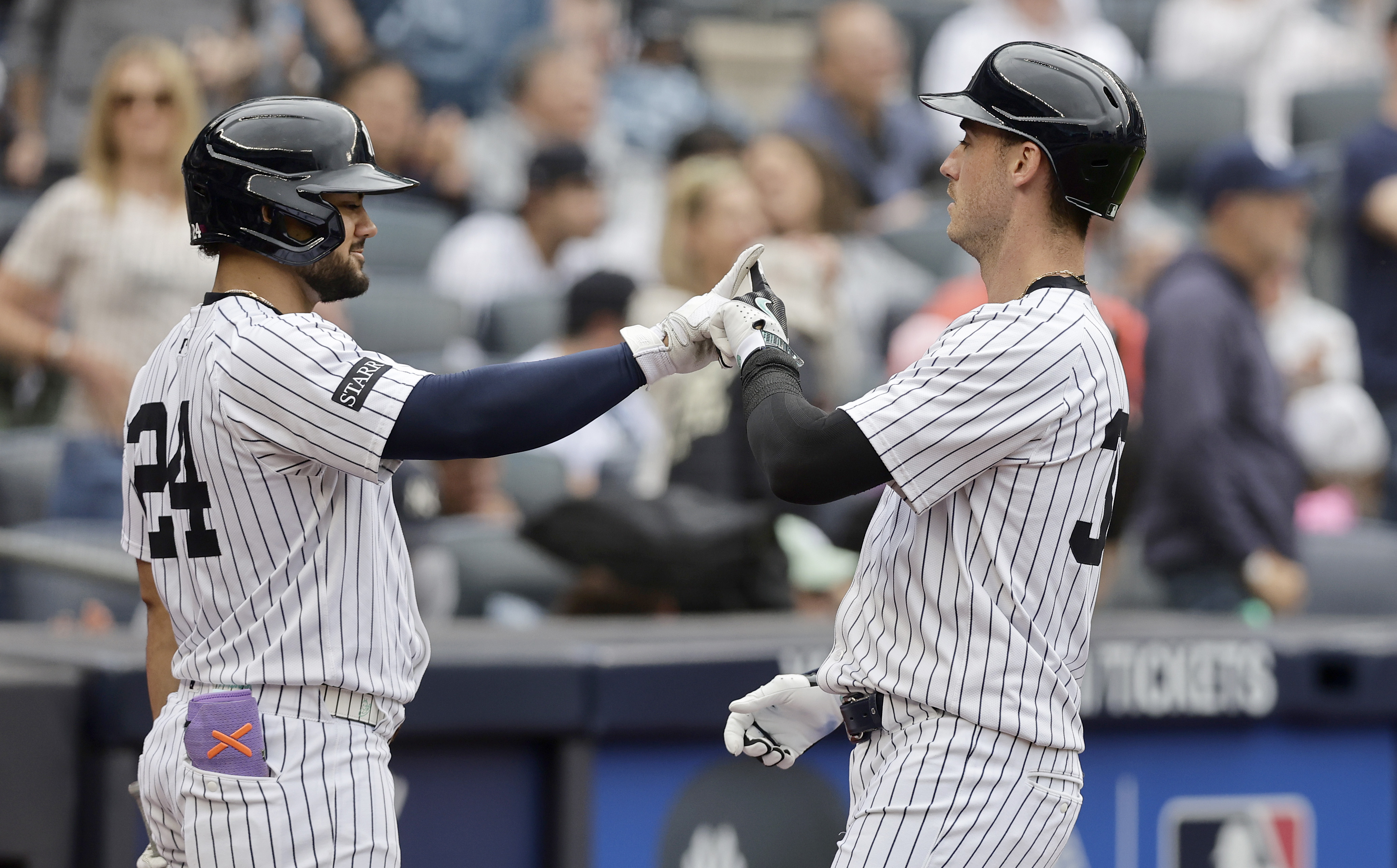 NEW YORK, NEW YORK - MAY 04:  Cody Bellinger #35 of the New York Yankees celebrates his home run against the Tampa Bay Rays with teammate Jasson Dominguez #24 at Yankee Stadium on May 04, 2025 in New York City. The Rays defeated the Yankees 7-5. (Photo by Jim McIsaac/Getty Images)