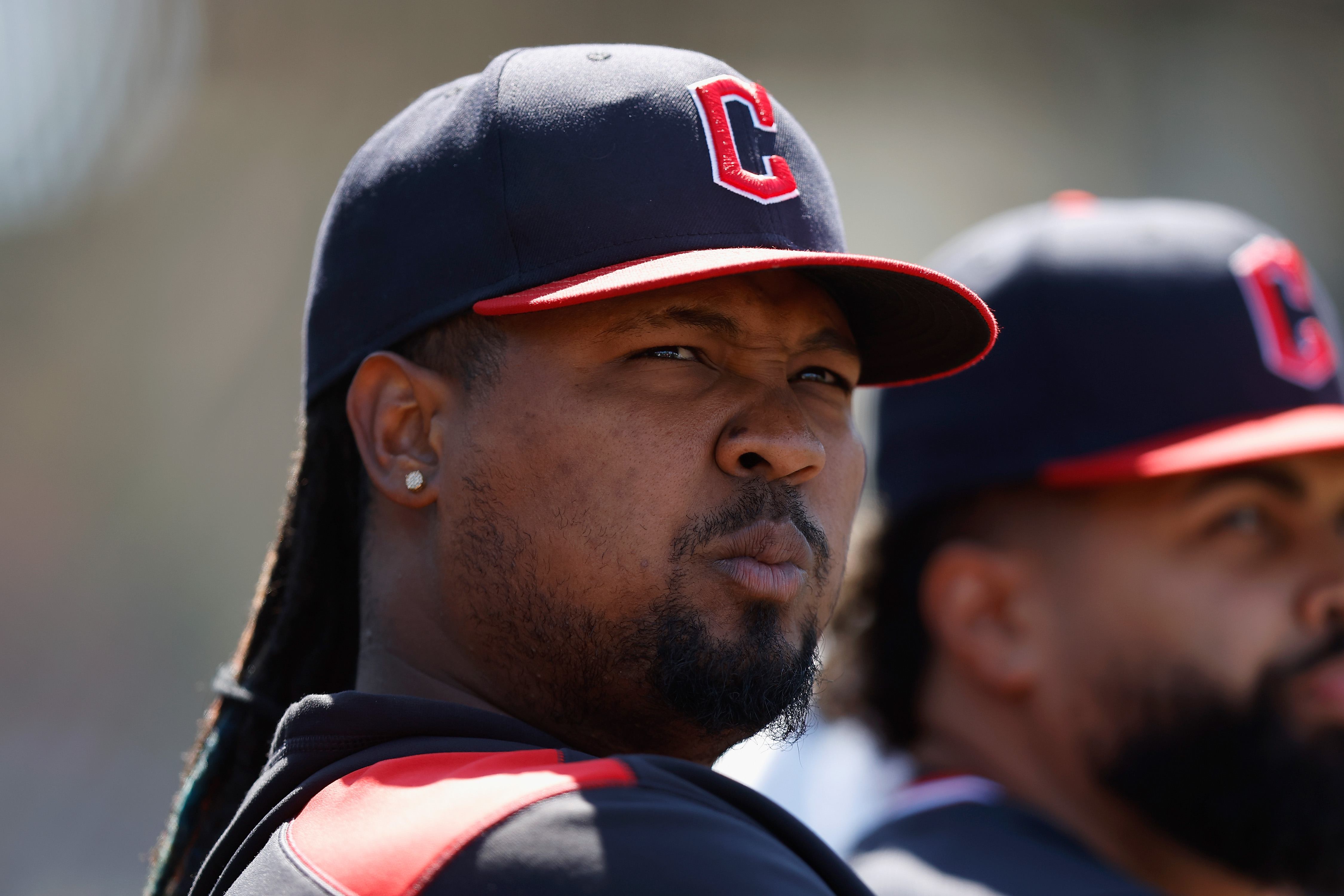 SACRAMENTO, CALIFORNIA - JUNE 22: Luis L. Ortiz #45 of the Cleveland Guardians looks on from the dugout during the game against the Athletics at Sutter Health Park on June 22, 2025 in Sacramento, California. (Photo by Lachlan Cunningham/Getty Images)