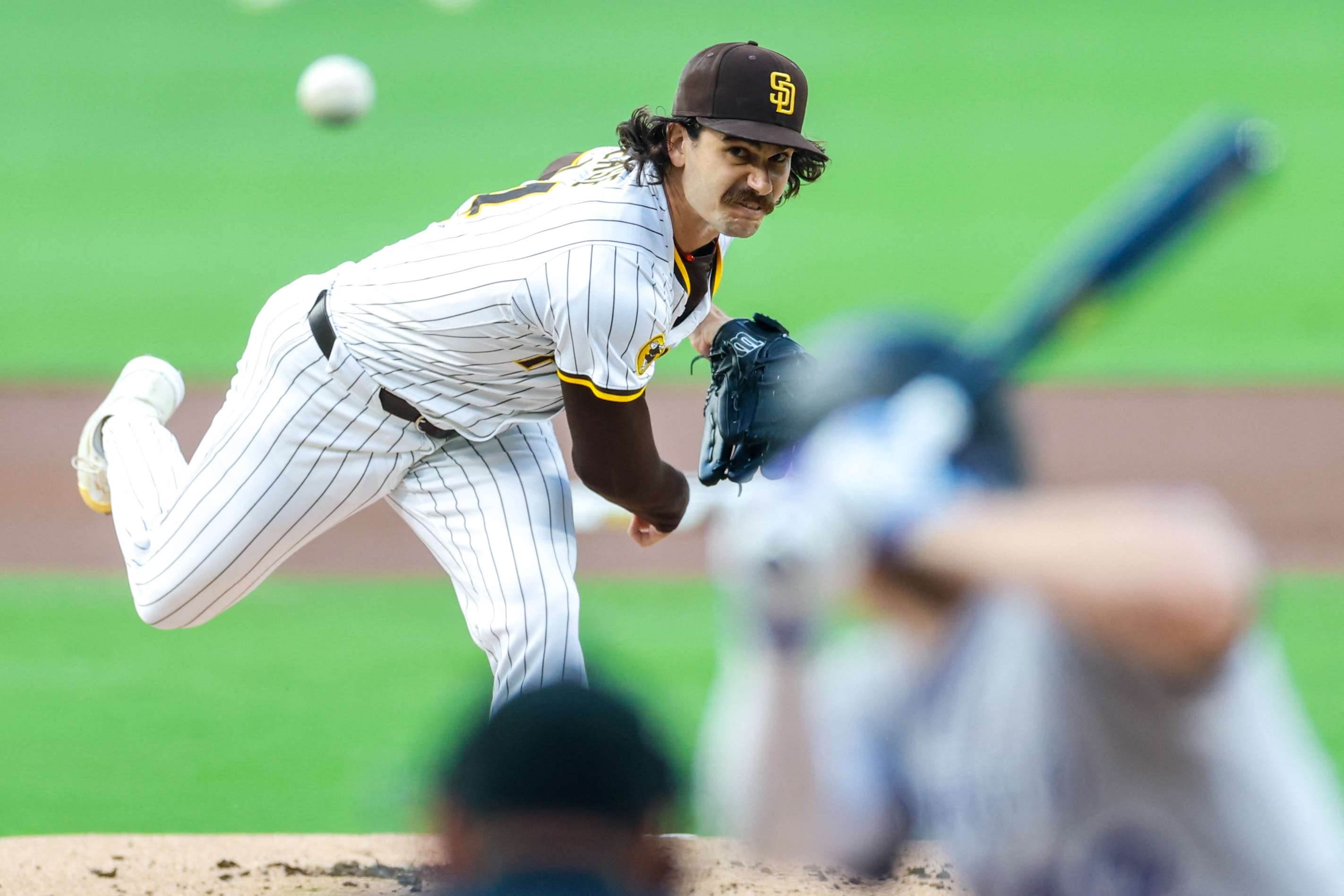 Sep 13, 2025; San Diego, California, USA; San Diego Padres starting pitcher Dylan Cease (84) throws a pitch during the first inning against the Colorado Rockies at Petco Park. Mandatory Credit: David Frerker-Imagn Images