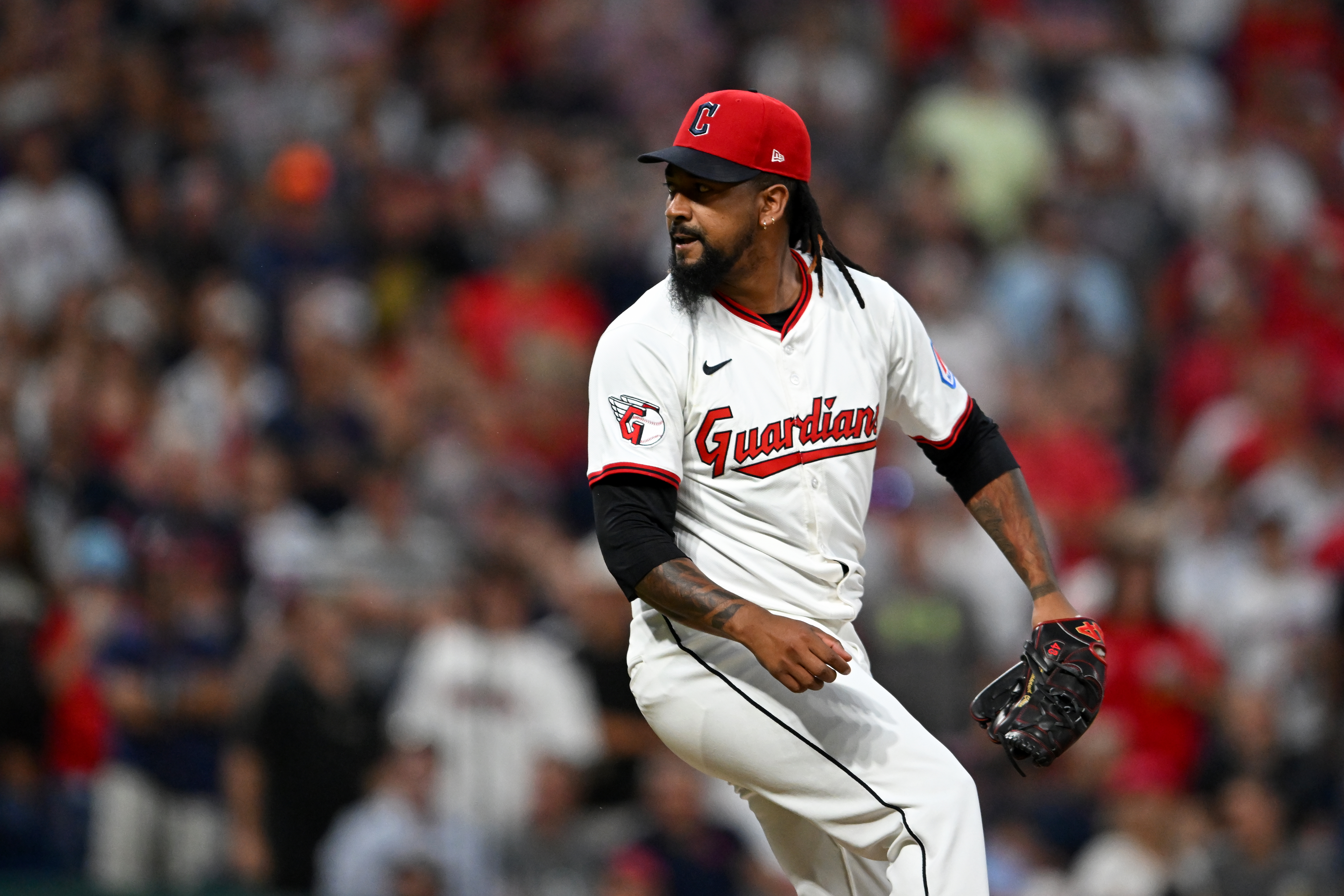 CLEVELAND, OHIO - JULY 23: Emmanuel Clase #48 of the Cleveland Guardians celebrates the team's 3-2 win over the Baltimore Orioles at Progressive Field on July 23, 2025 in Cleveland, Ohio. (Photo by Nick Cammett/Diamond Images via Getty Images)