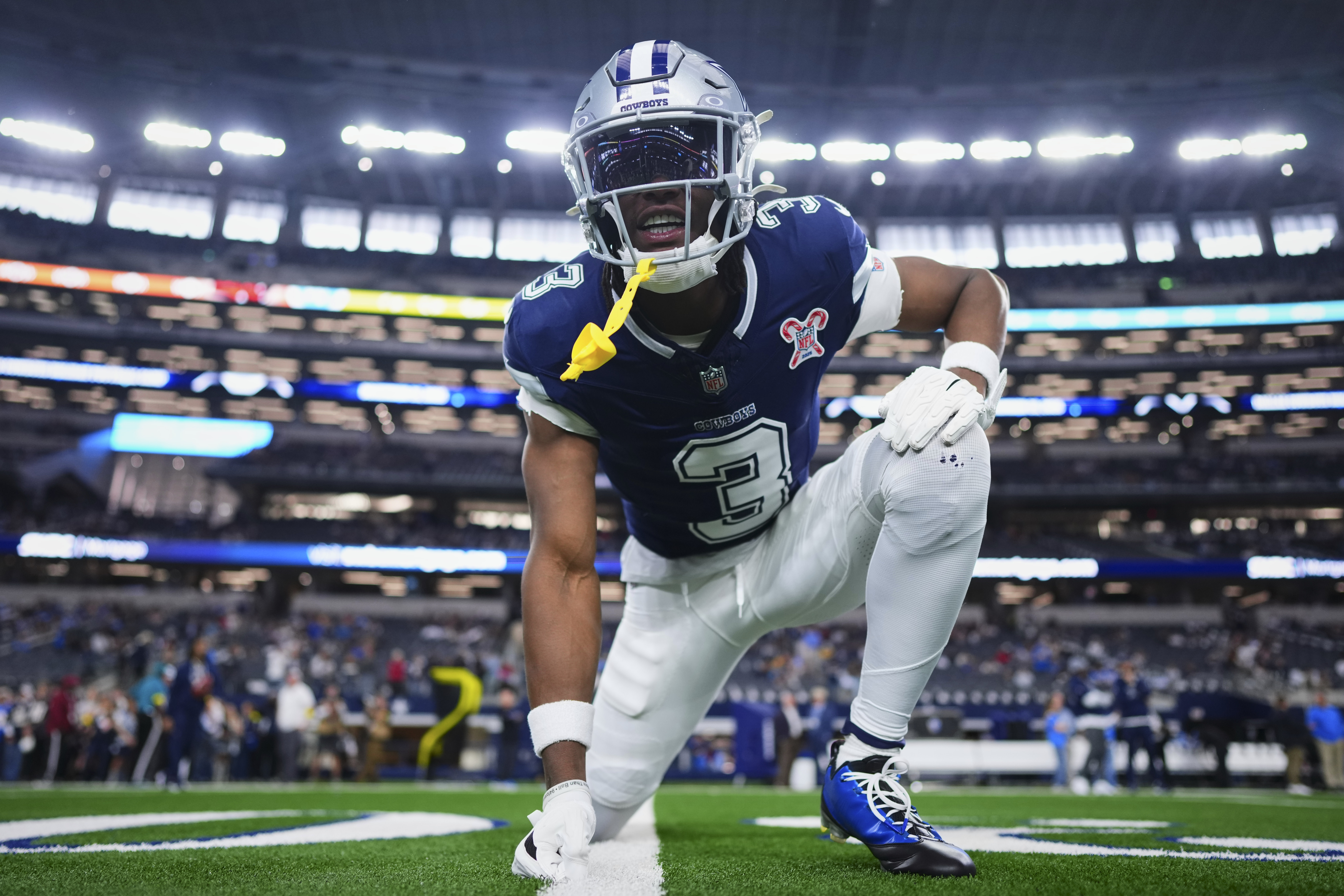 ARLINGTON, TX - DECEMBER 21: George Pickens #3 of the Dallas Cowboys warms up before kickoff against the Los Angeles Chargers during an NFL football game at AT&T Stadium on December 21, 2025 in Arlington, Texas. (Photo by Cooper Neill/Getty Images)
