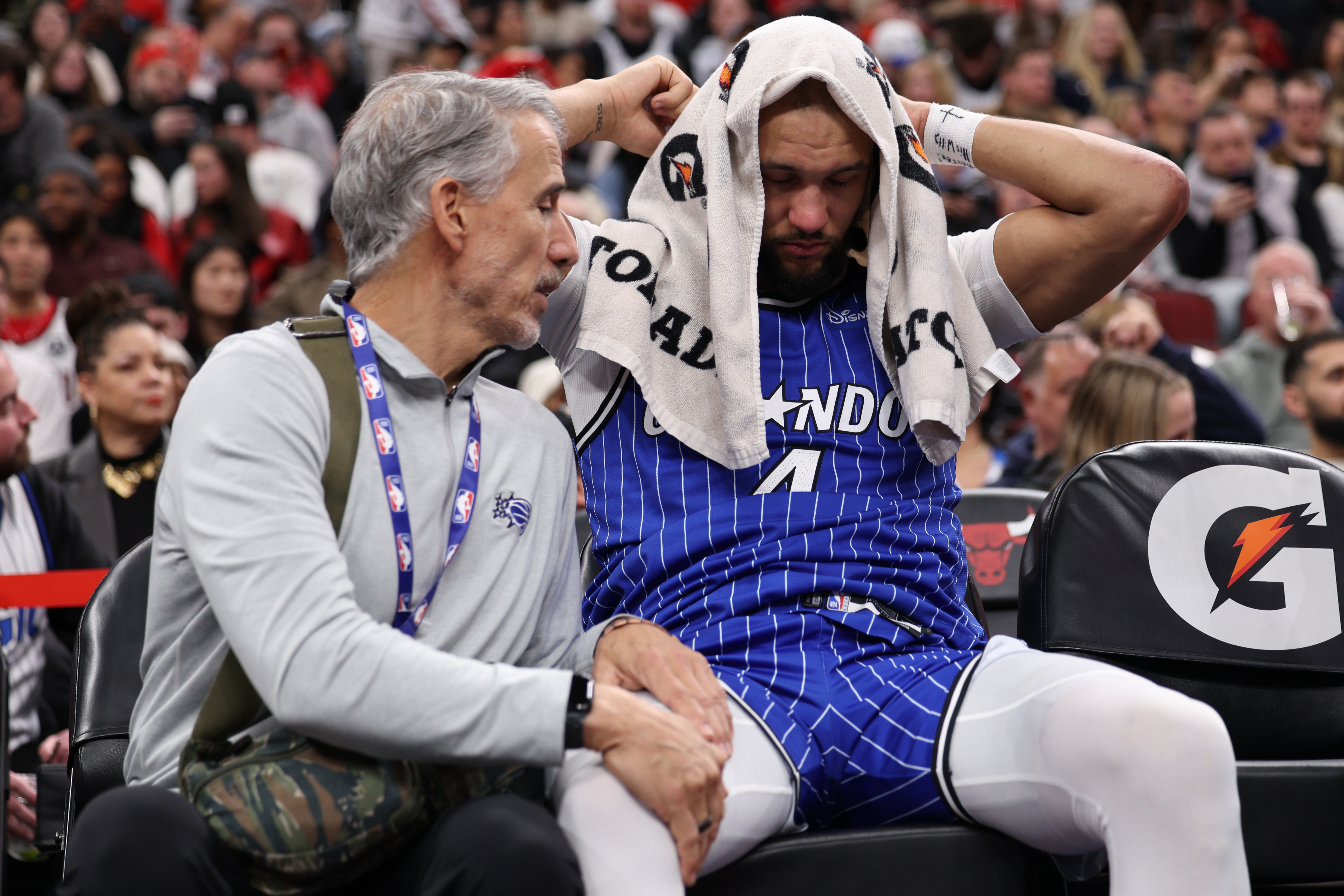 Jalen Suggs will miss some time after suffering a right knee injury against the Chicago Bulls. (Photo by Geoff Stellfox/Getty Images)