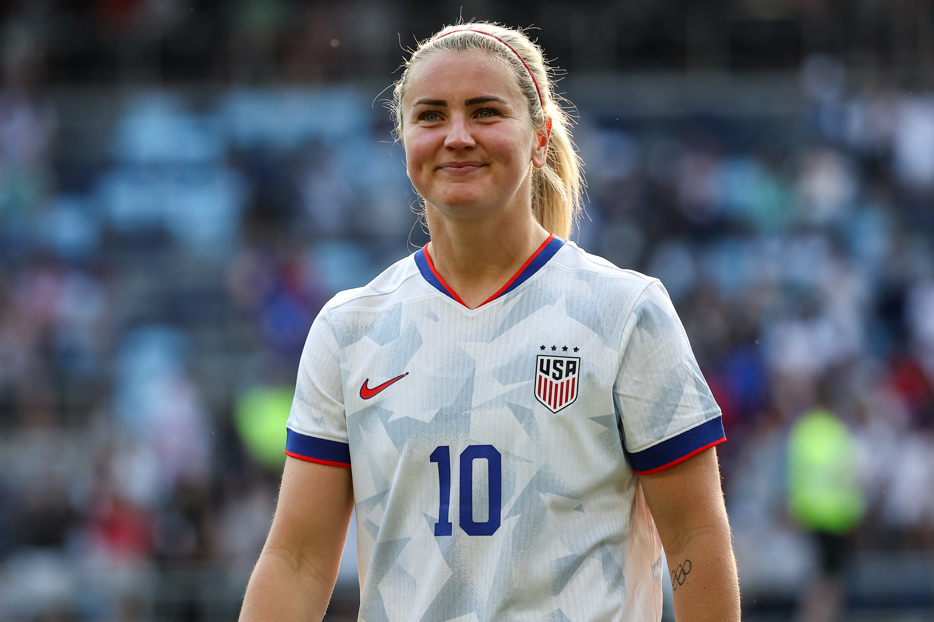 May 31, 2025; St. Paul, Minnesota, USA; U.S. Women's National Team midfielder Lindsey Heaps (10) looks on after the game against China PR at Allianz Field. Mandatory Credit: Matt Krohn-Imagn Images