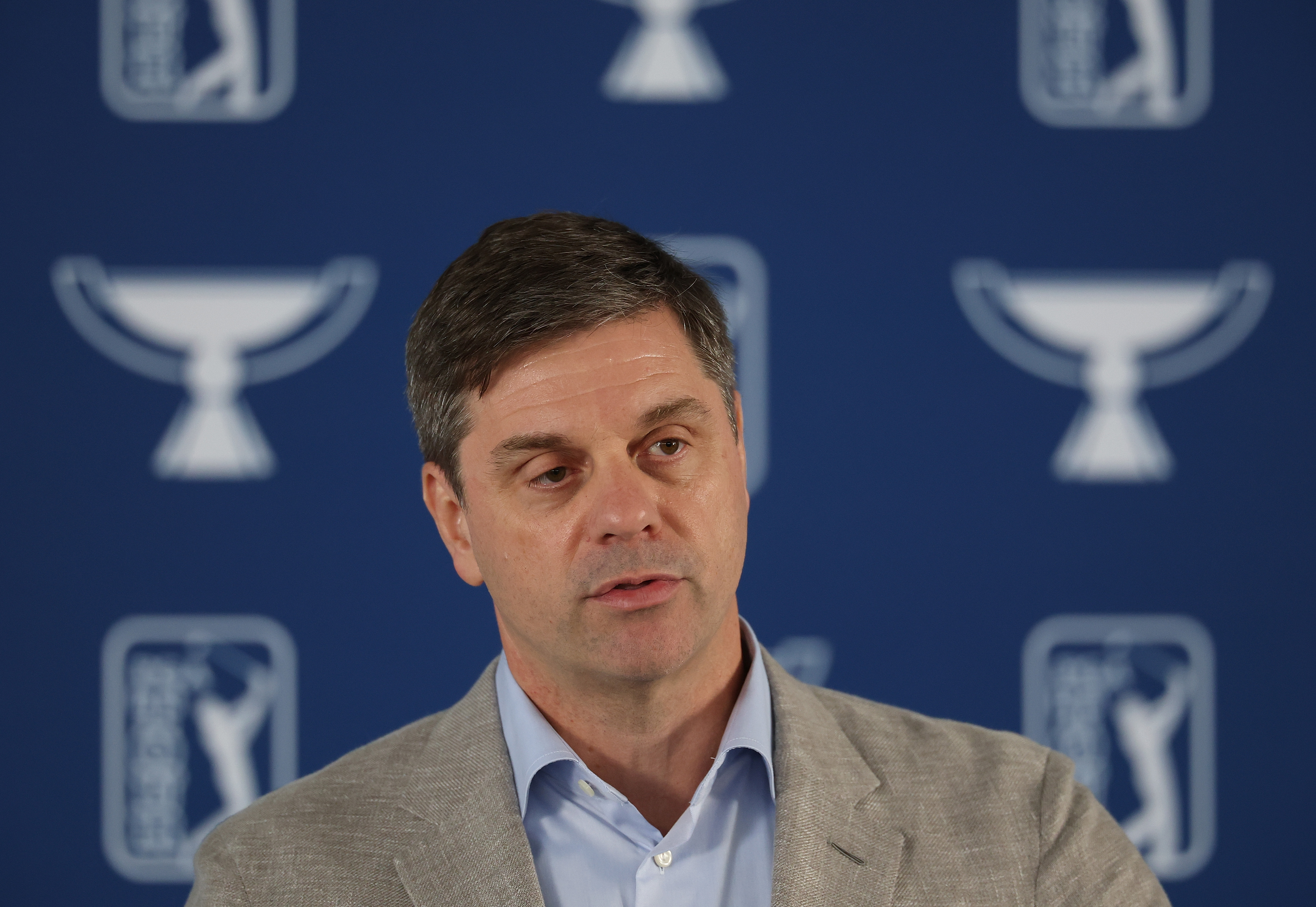 ATLANTA, GEORGIA - AUGUST 20:  Brian Rolapp, Chief Executive Officer of the PGA TOUR, speaks to the media prior to the TOUR Championship 2025 at East Lake Golf Club on August 20, 2025 in Atlanta, Georgia. (Photo by Kevin C. Cox/Getty Images)