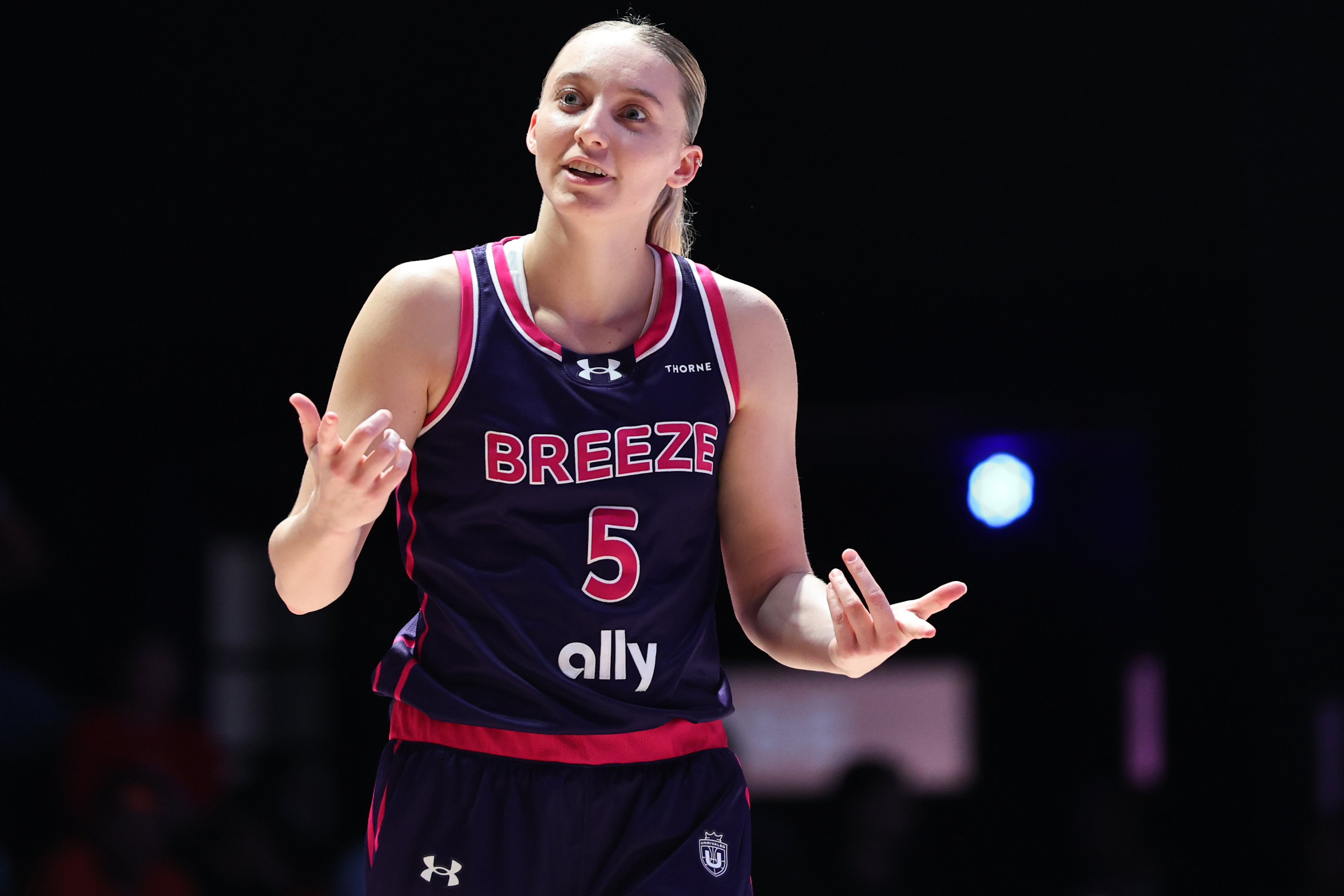 MEDLEY, FLORIDA - JANUARY 05: Paige Bueckers #5 of the Breeze reacts against the Phantom during the second half at Sephora Arena on January 05, 2026 in Medley, Florida.  (Photo by Carmen Mandato/Getty Images)