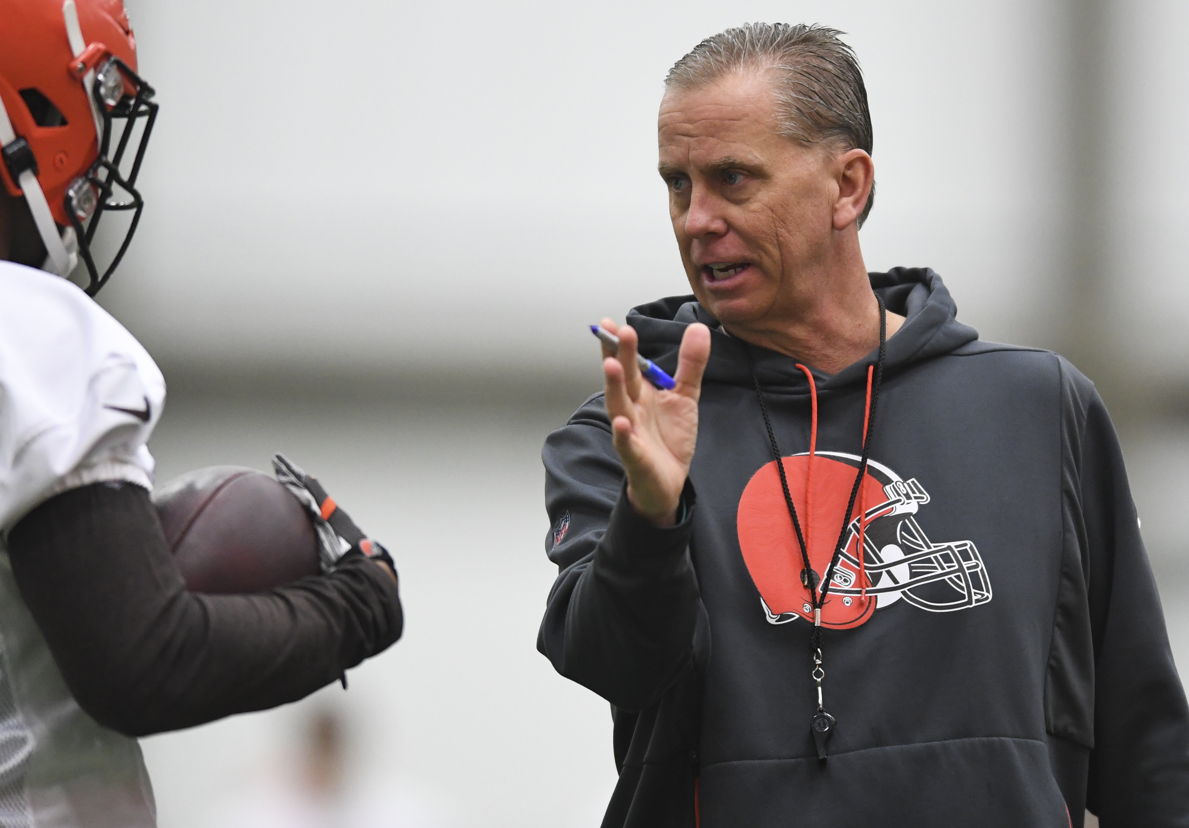 BEREA, OH - MAY 4, 2019: Offensive coordinator Todd Monken of the Cleveland Browns directs a drill during a rookie mini camp on May 4, 2019 at the Cleveland Browns training facility in Berea, Ohio. (Photo by: 2019 Nick Cammett/Diamond Images)  