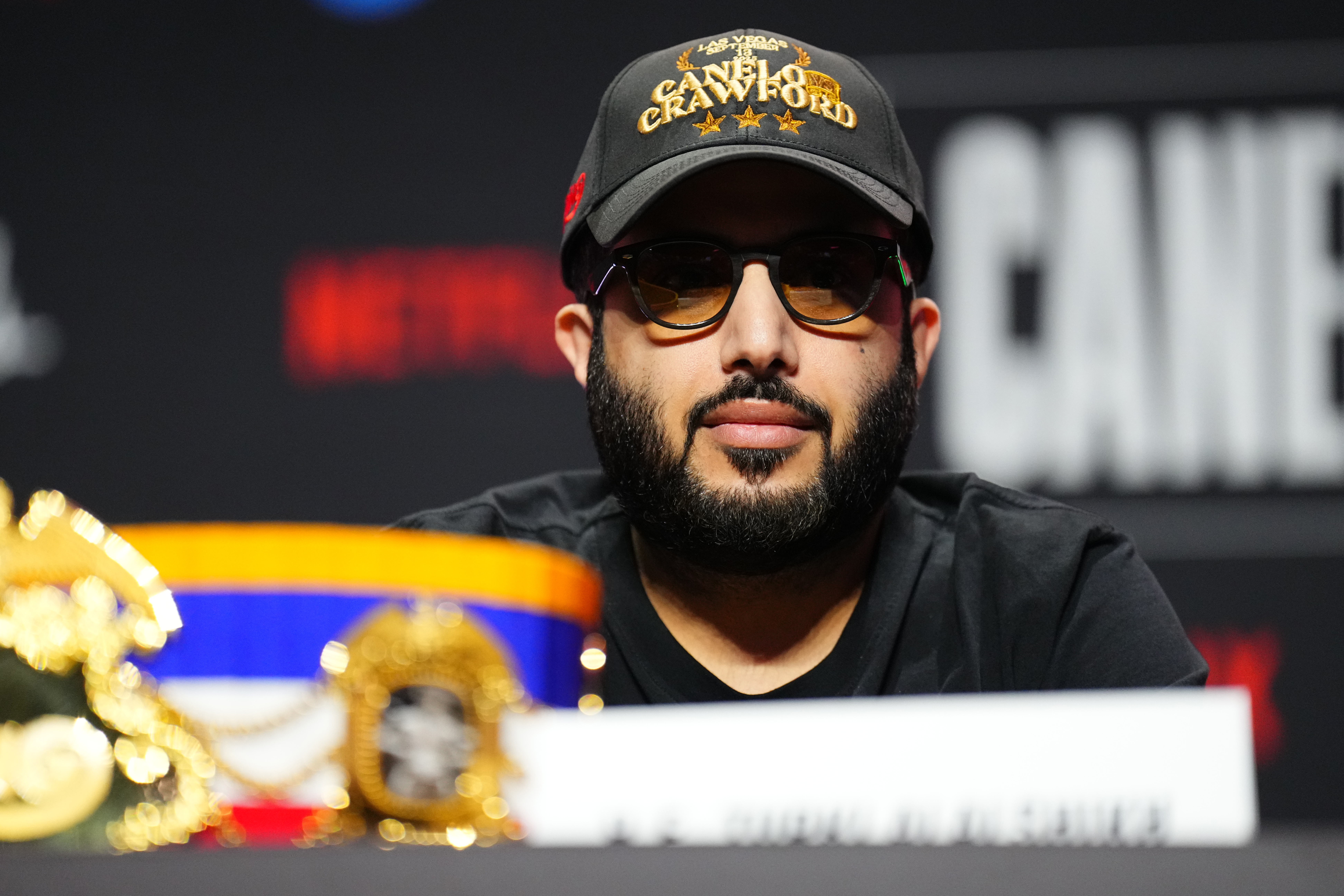 LAS VEGAS, NEVADA - SEPTEMBER 11: His Excellency Turki Alalshikh is seen on stage during the Canelo v Crawford press conference at T-Mobile Arena on September 11, 2025 in Las Vegas, Nevada. (Photo by Chris Unger/TKO Worldwide LLC via Getty Images)