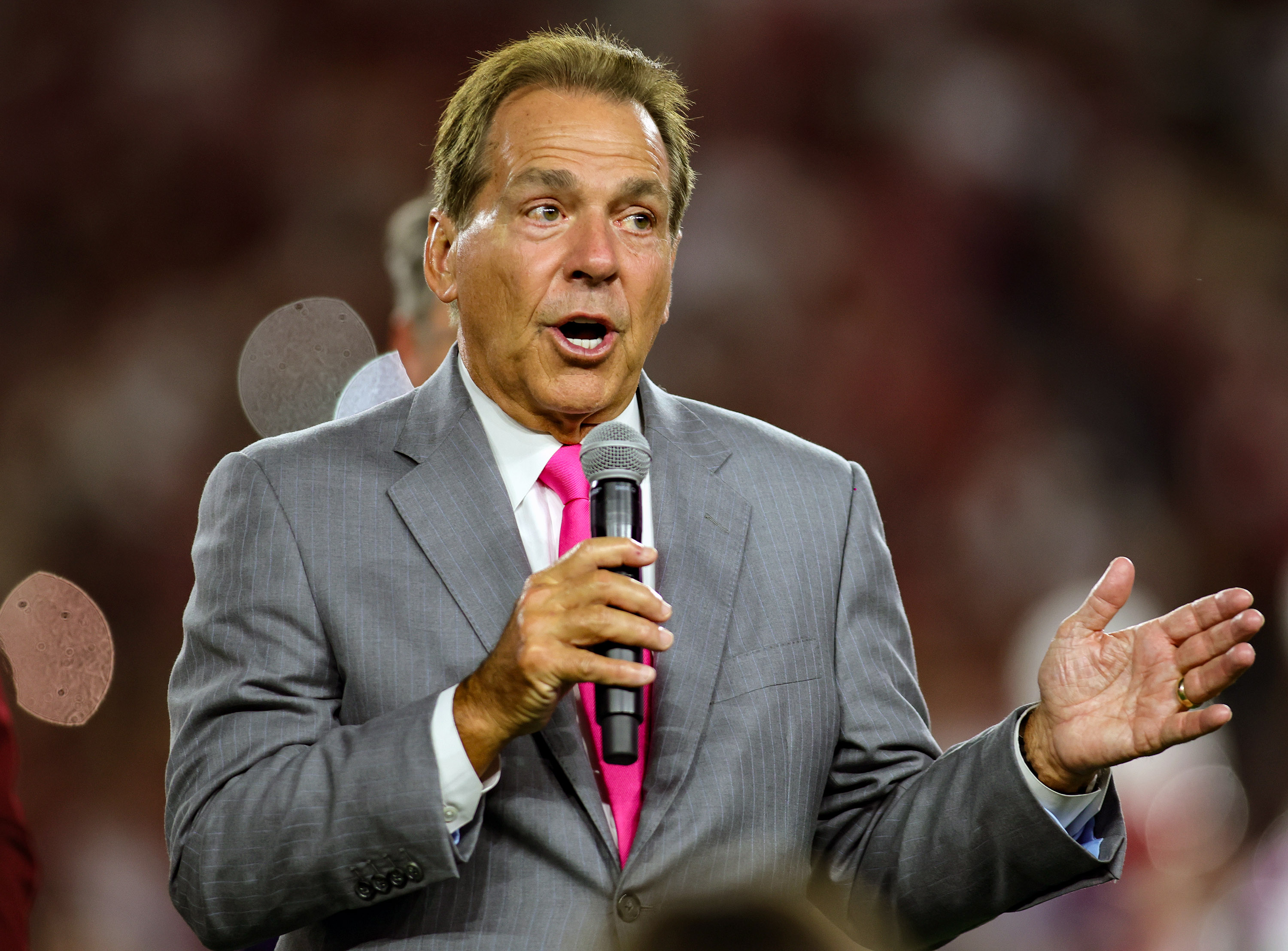 TUSCALOOSA, ALABAMA - SEPTEMBER 7: former University of Alabama head football coach Nick Saban is honored with a ceremony dedicating the field in his name during the halftime break between the Alabama Crimson Tide and South Florida Bulls at Bryant-Denny Stadium on September 7, 2024 in Tuscaloosa, Alabama. (Photo by Brandon Sumrall/Getty Images)