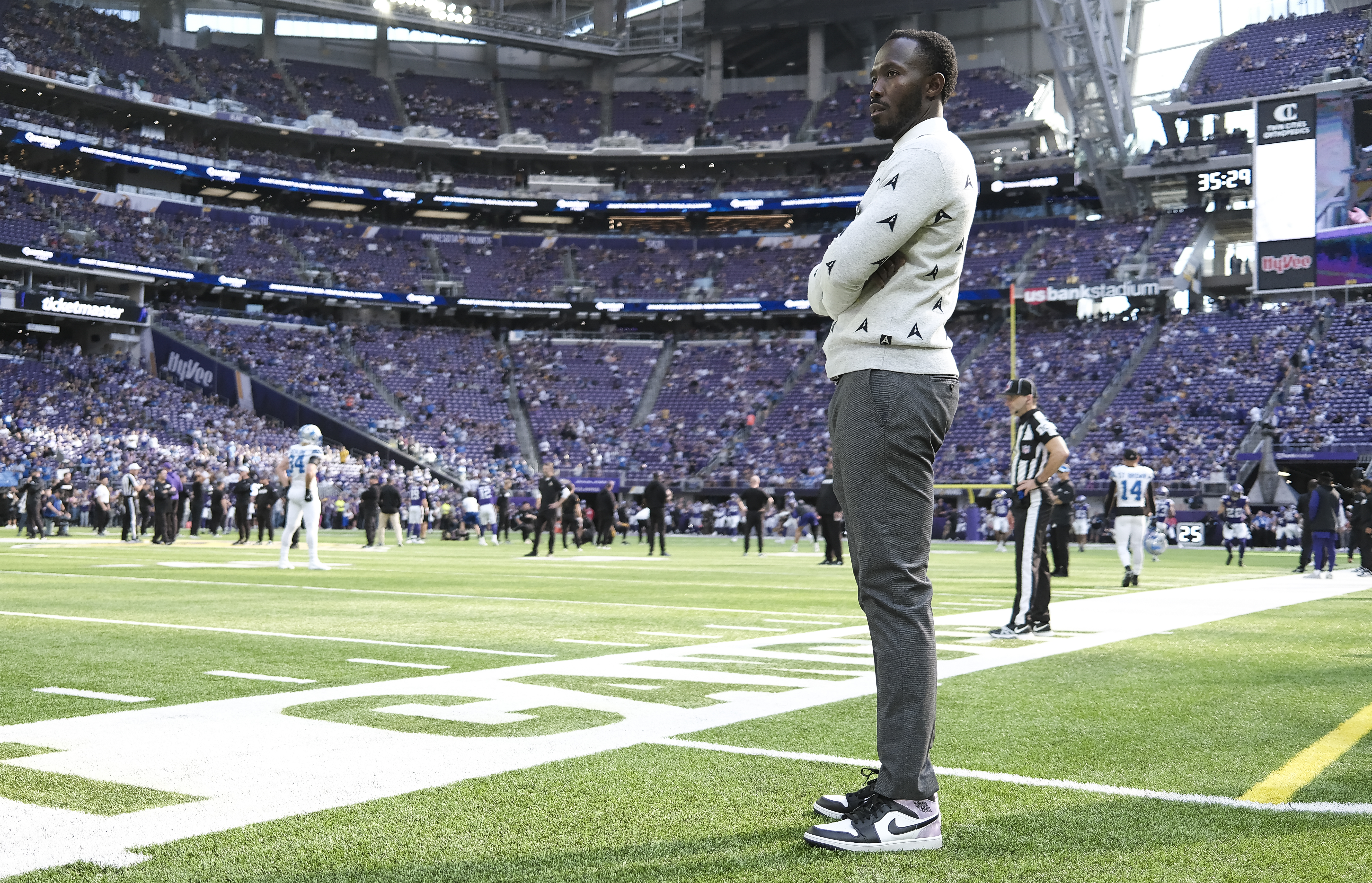 MINNEAPOLIS, MINNESOTA - OCTOBER 20: Kwesi Adofo-Mensah general manager of the Minnesota Vikings looks on before the game against the Detroit Lions at U.S. Bank Stadium on October 20, 2024 in Minneapolis, Minnesota. (Photo by Stephen Maturen/Getty Images)