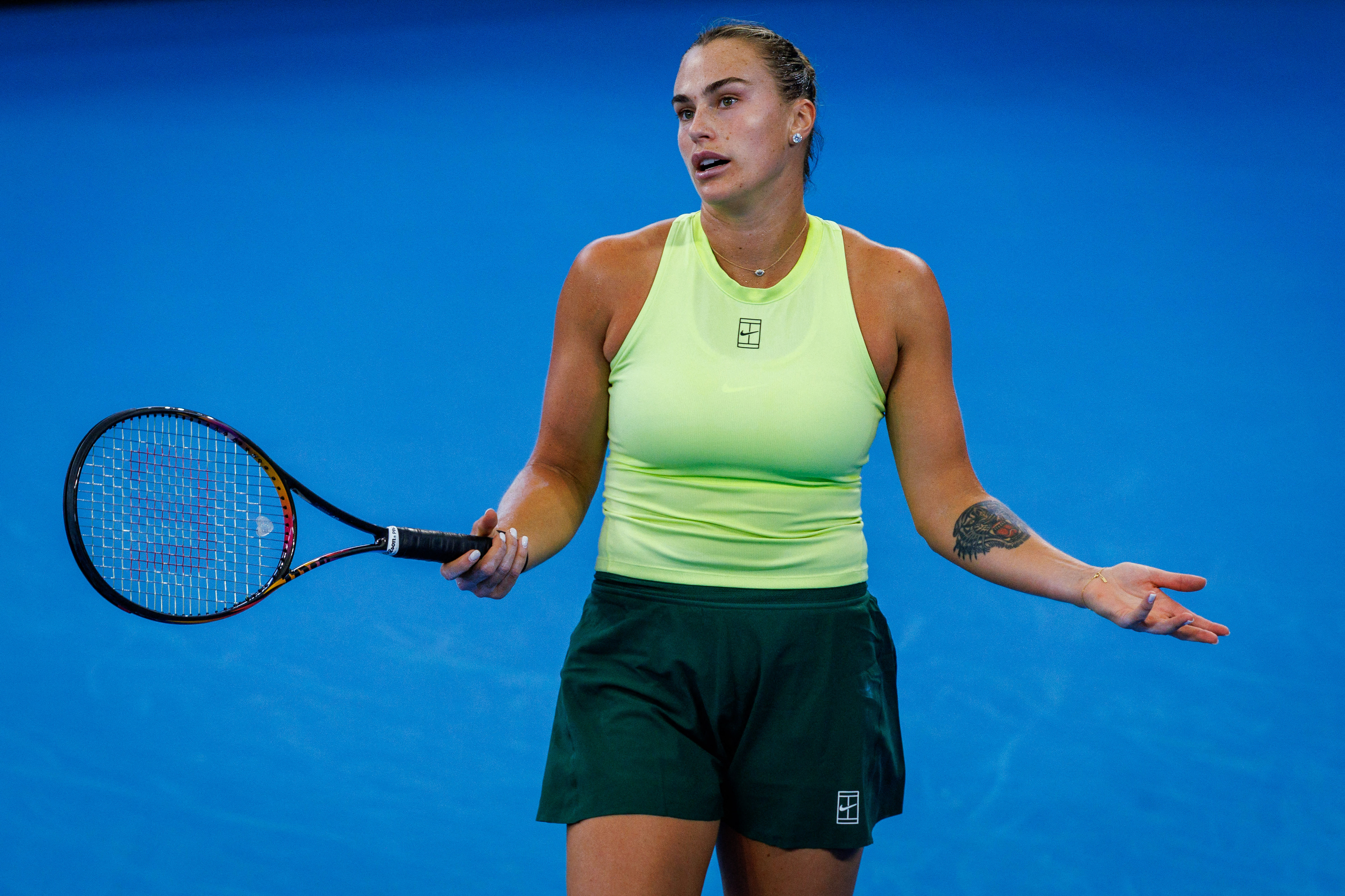 Belarus' Aryna Sabalenka reacts after a point against USA's Madison Keys during their women's singles match at the Brisbane International tennis tournament in Brisbane on January 9, 2026. (Photo by Patrick HAMILTON / AFP via Getty Images) / --IMAGE RESTRICTED TO EDITORIAL USE - STRICTLY NO COMMERCIAL USE--