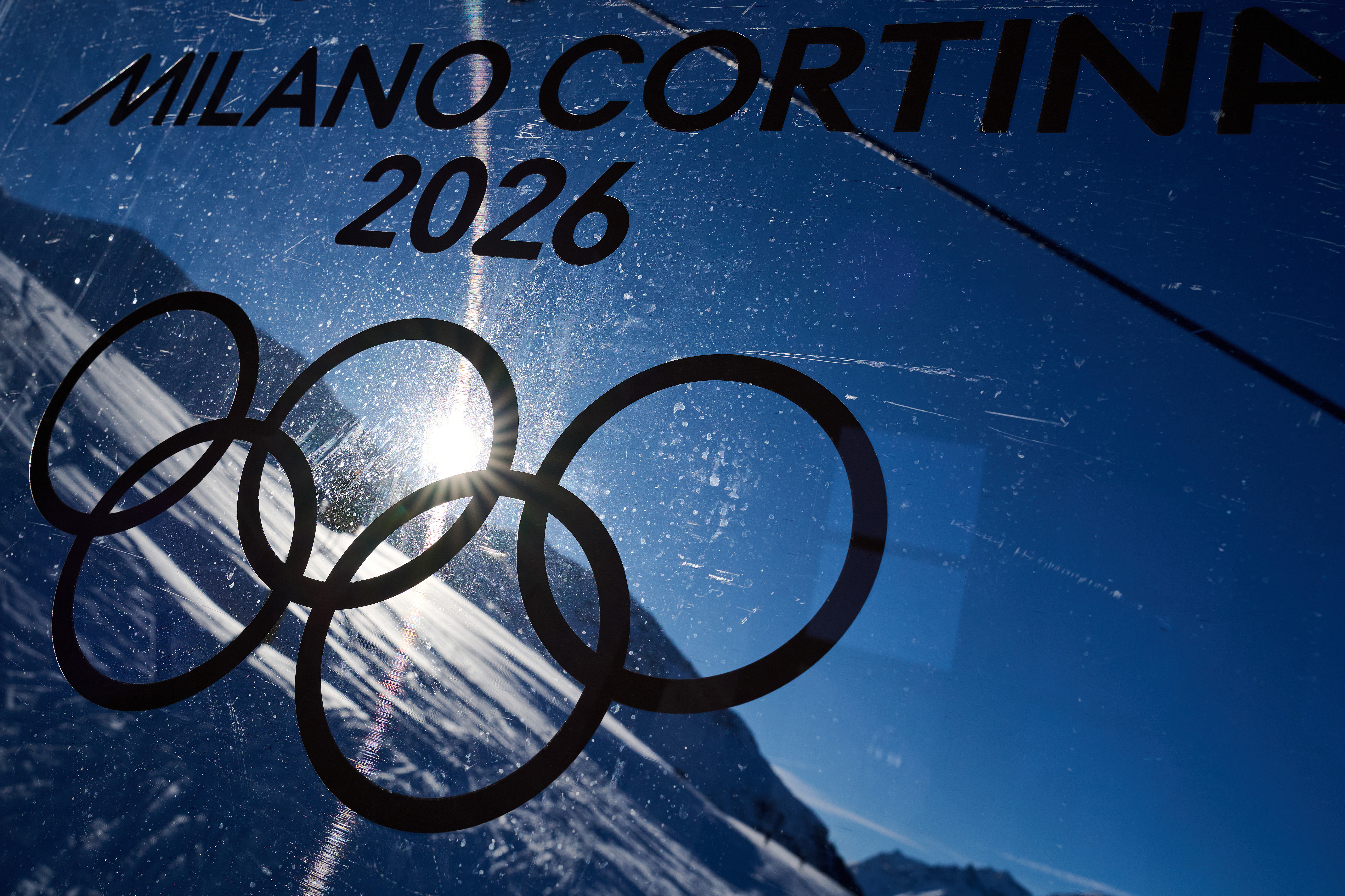 LIVIGNO, ITALY - DECEMBER 26: A logo with ring of MilanoCortina on December 26, 2025 in Livigno, Italy. Livigno as part of the Valtellina cluster is one of the areas for the upcoming Milano Cortina 2026 Winter Olympics and will host men's alpine skiing, snowboard, freestyle skiing and ski mountaineering competitions.