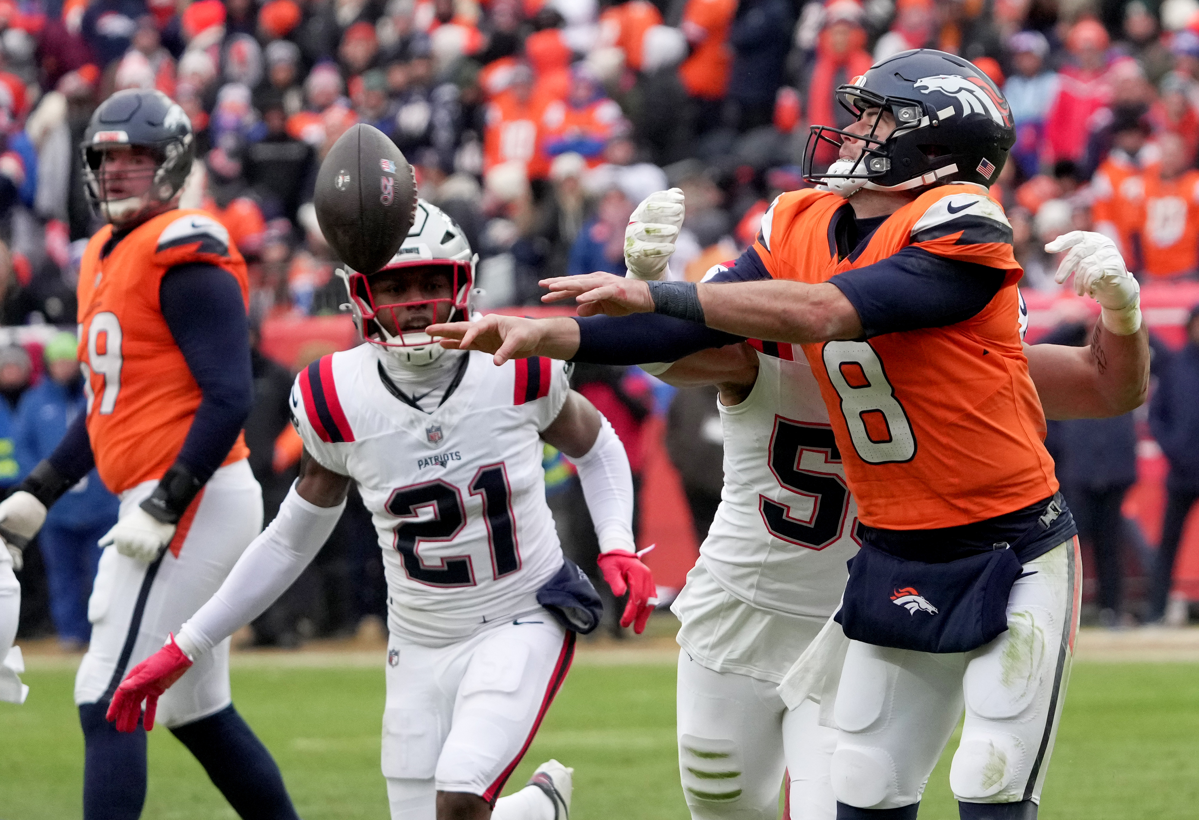 Denver Broncos quarterback Jarrett Stidham's backward pass was a key play in his team's loss to the Patriots. (Photo by Barry Chin/The Boston Globe via Getty Images)