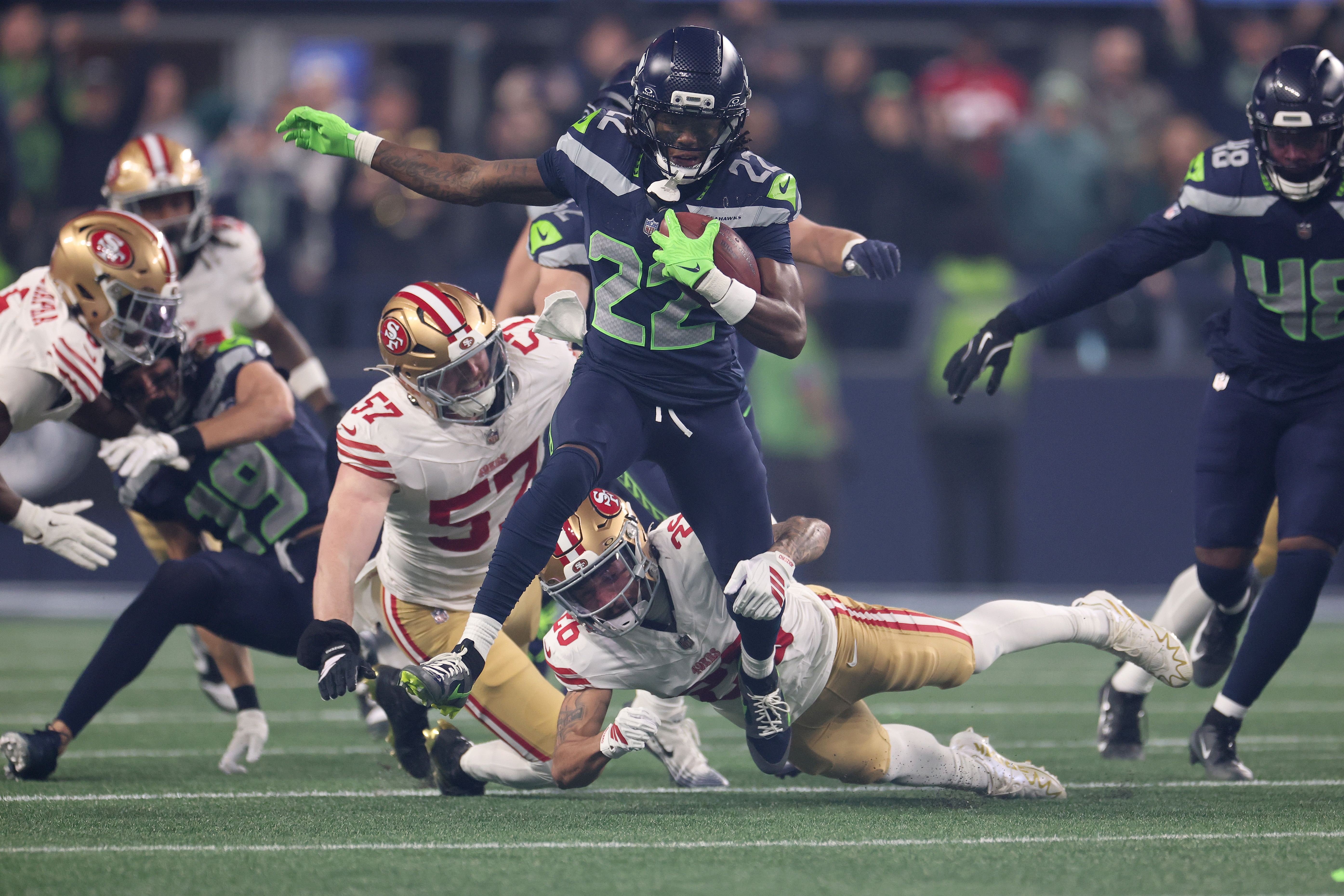 Rashid Shaheed returned the opening touchdown of the Seattle Seahawks' divisional round win for a touchdown.  (Photo by Sean M. Haffey/Getty Images)