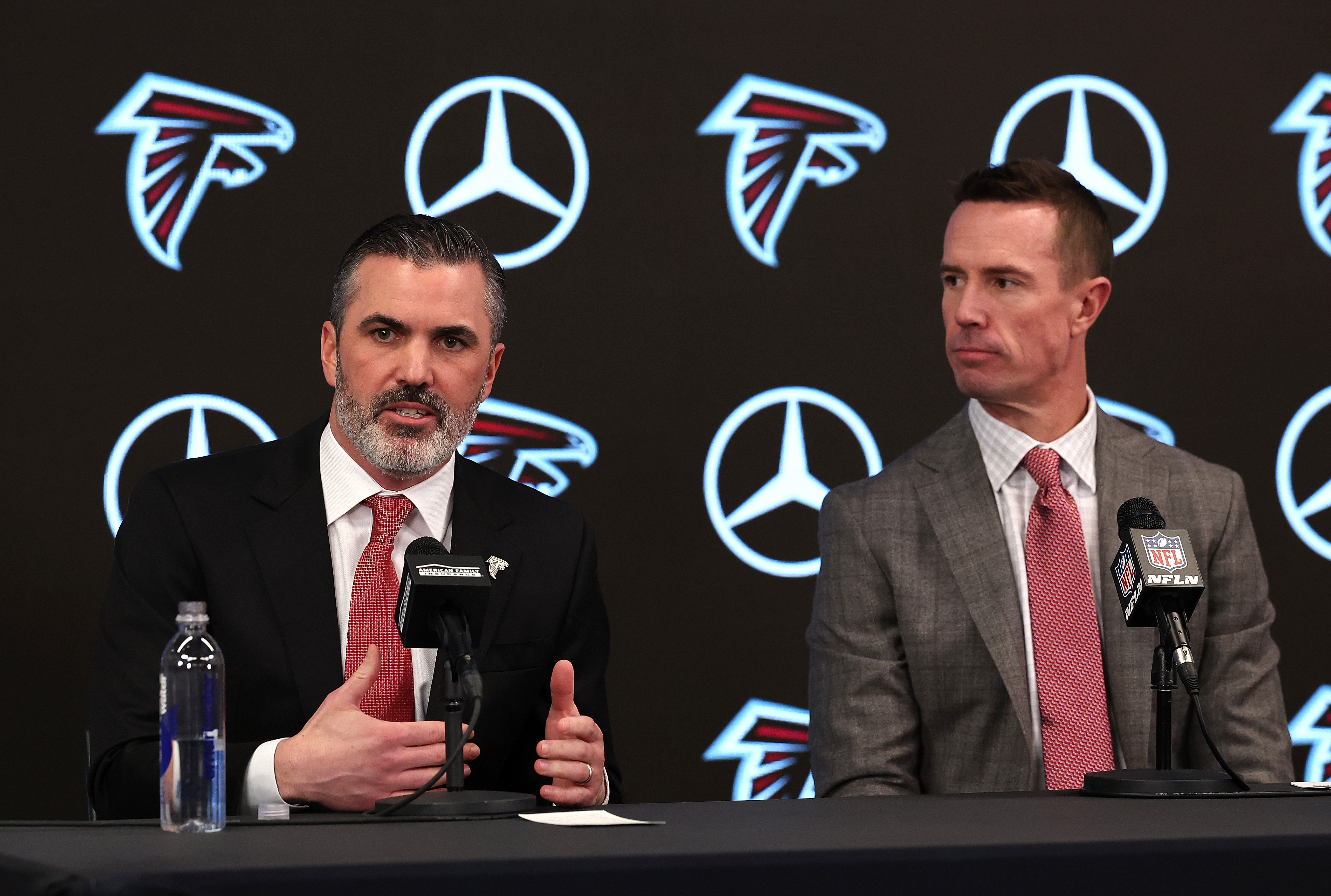 ATLANTA, GEORGIA - JANUARY 27:  Kevin Stefanski and President of Football Operations Matt Ryan speak to the media after Stefanski is introduced as the head coach of the Atlanta Falcons at Mercedes-Benz Stadium on January 27, 2026 in Atlanta, Georgia. (Photo by Kevin C. Cox/Getty Images)
