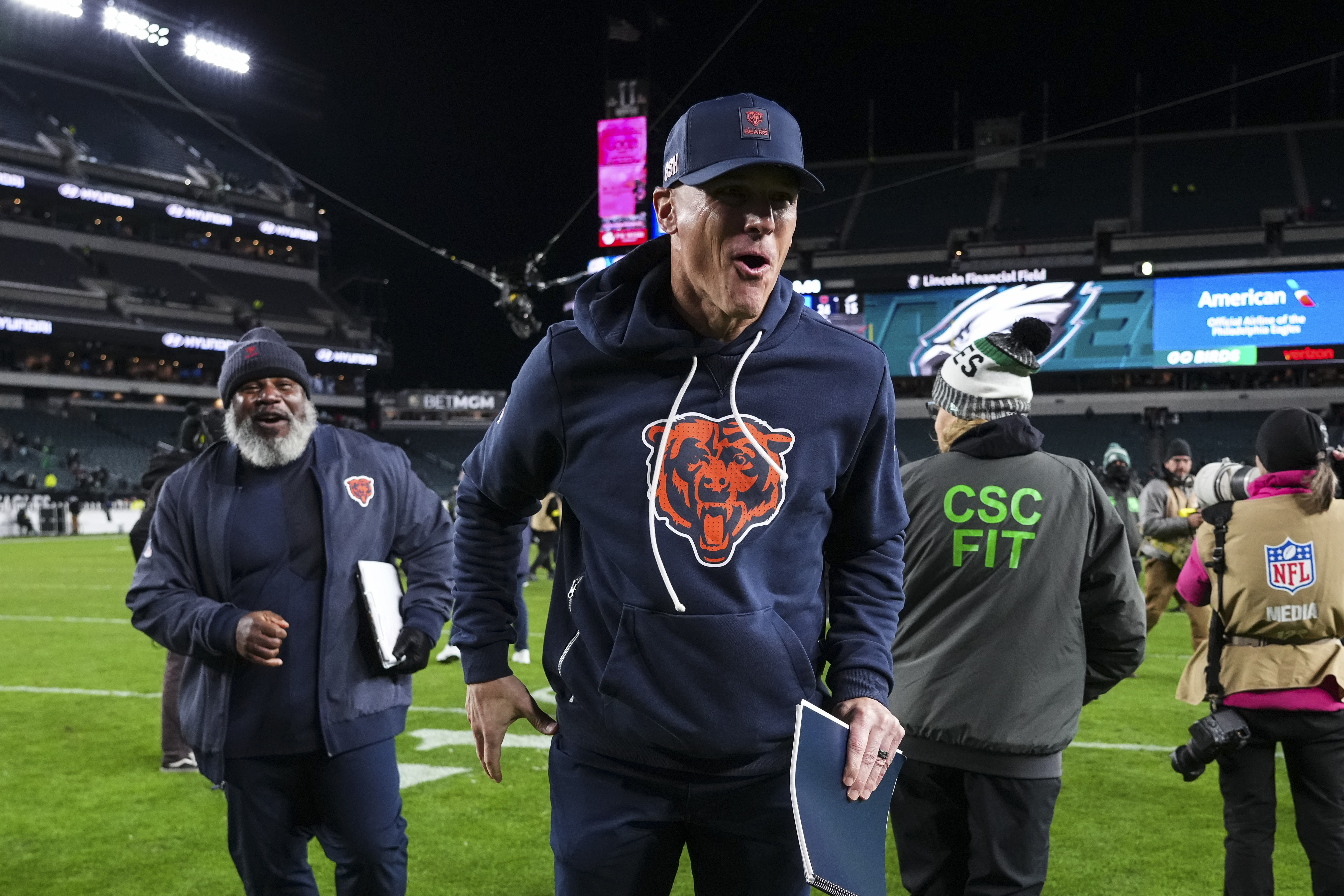 PHILADELPHIA, PENNSYLVANIA - NOVEMBER 28: Chicago Bears head coach Ben Johnson celebrates after an NFL football game against the Philadelphia Eagles at Lincoln Financial Field on November 28, 2025 in Philadelphia, Pennsylvania. (Photo by Perry Knotts/Getty Images)
