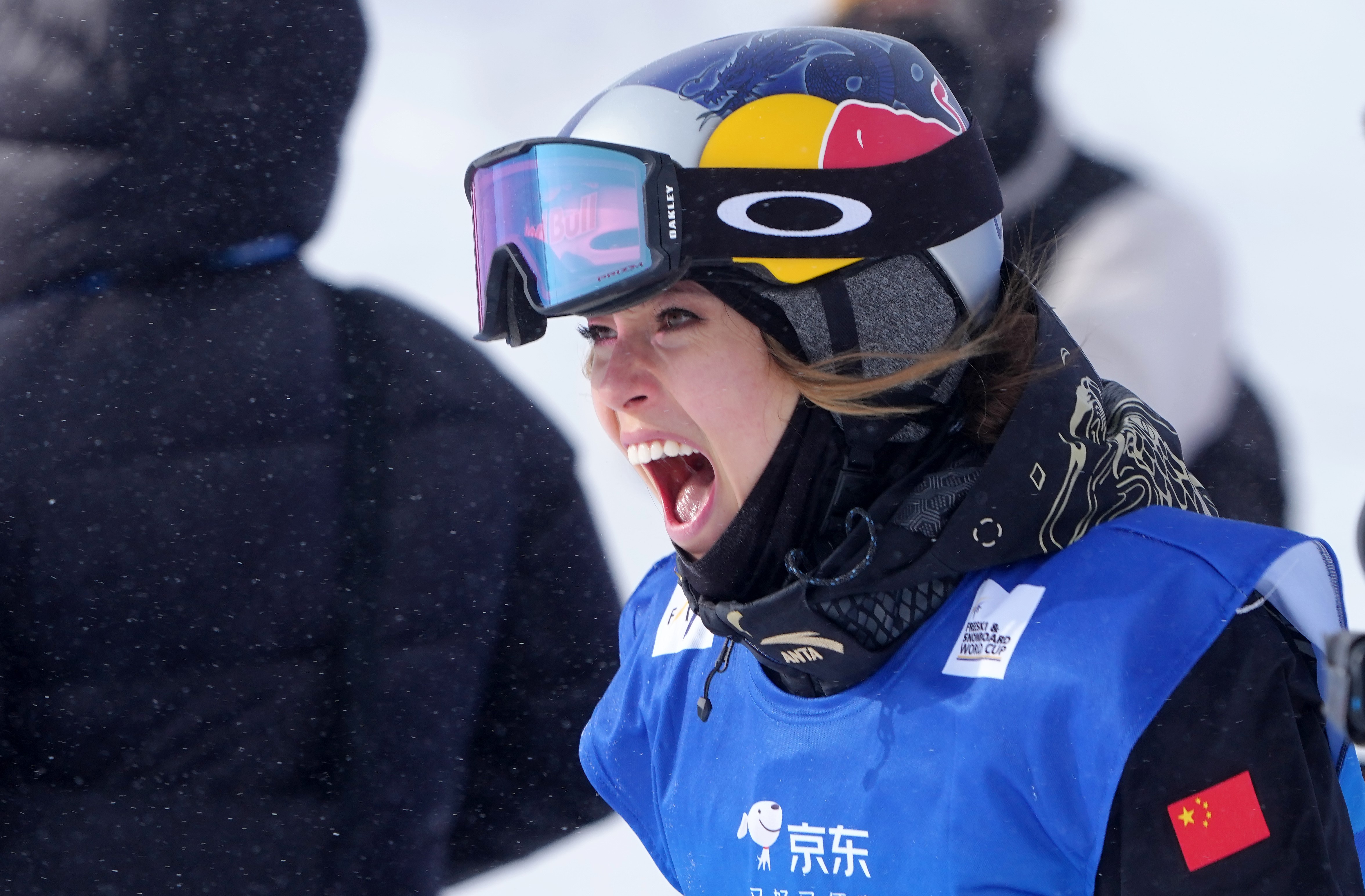 Gu Ailing of China celebrates after the women's freeski halfpipe final of FIS Freeski World Cup 2025 in Zhangjiakou, north China's Hebei Province, Dec. 13, 2025. (Photo by Wang Peng/Xinhua via Getty Images)