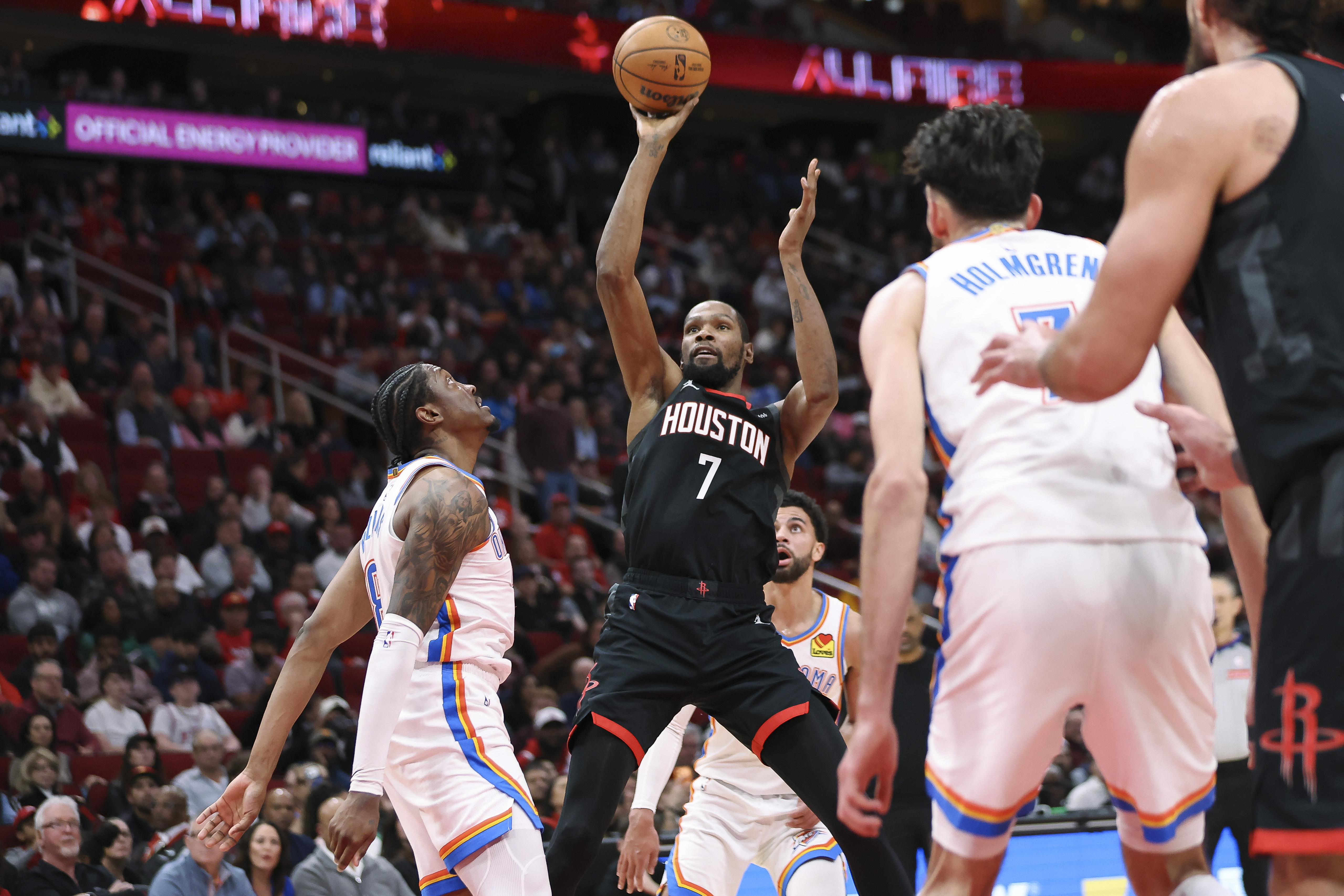 Jan 15, 2026; Houston, Texas, USA; Houston Rockets forward Kevin Durant (7) shoots the ball during the second quarter against the Oklahoma City Thunder at Toyota Center. Mandatory Credit: Troy Taormina-Imagn Images