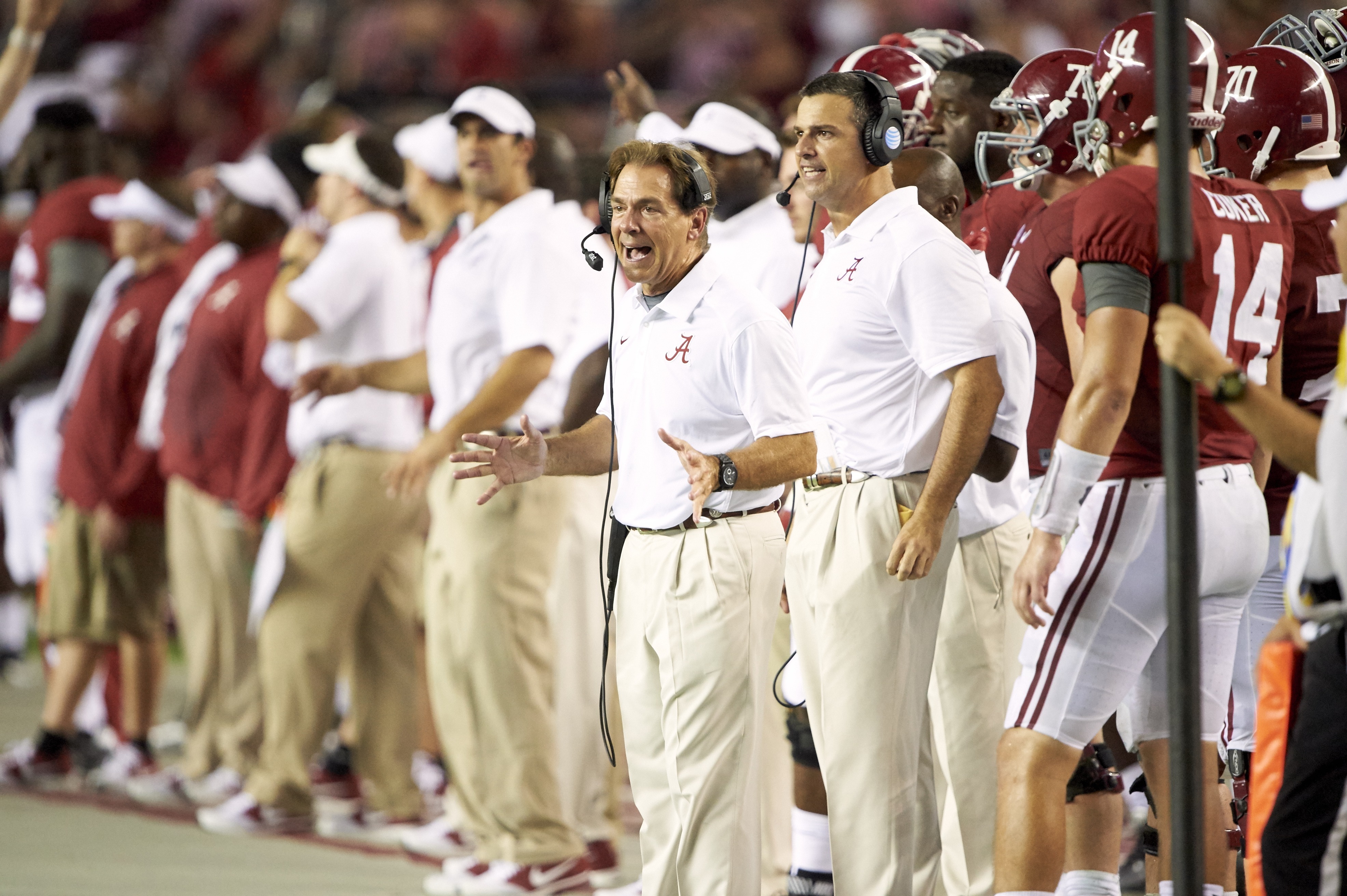 College Football: Alabama coach Nick Saban and offensive line coach Mario Cristobal on sidelines during game vs Mississippi at Bryant-Denny Stadium. Tuscaloosa, AL 9/19/2015CREDIT: Michael Chang (Photo by Michael Chang /Sports Illustrated via Getty Images)(Set Number: X159947 TK1 )