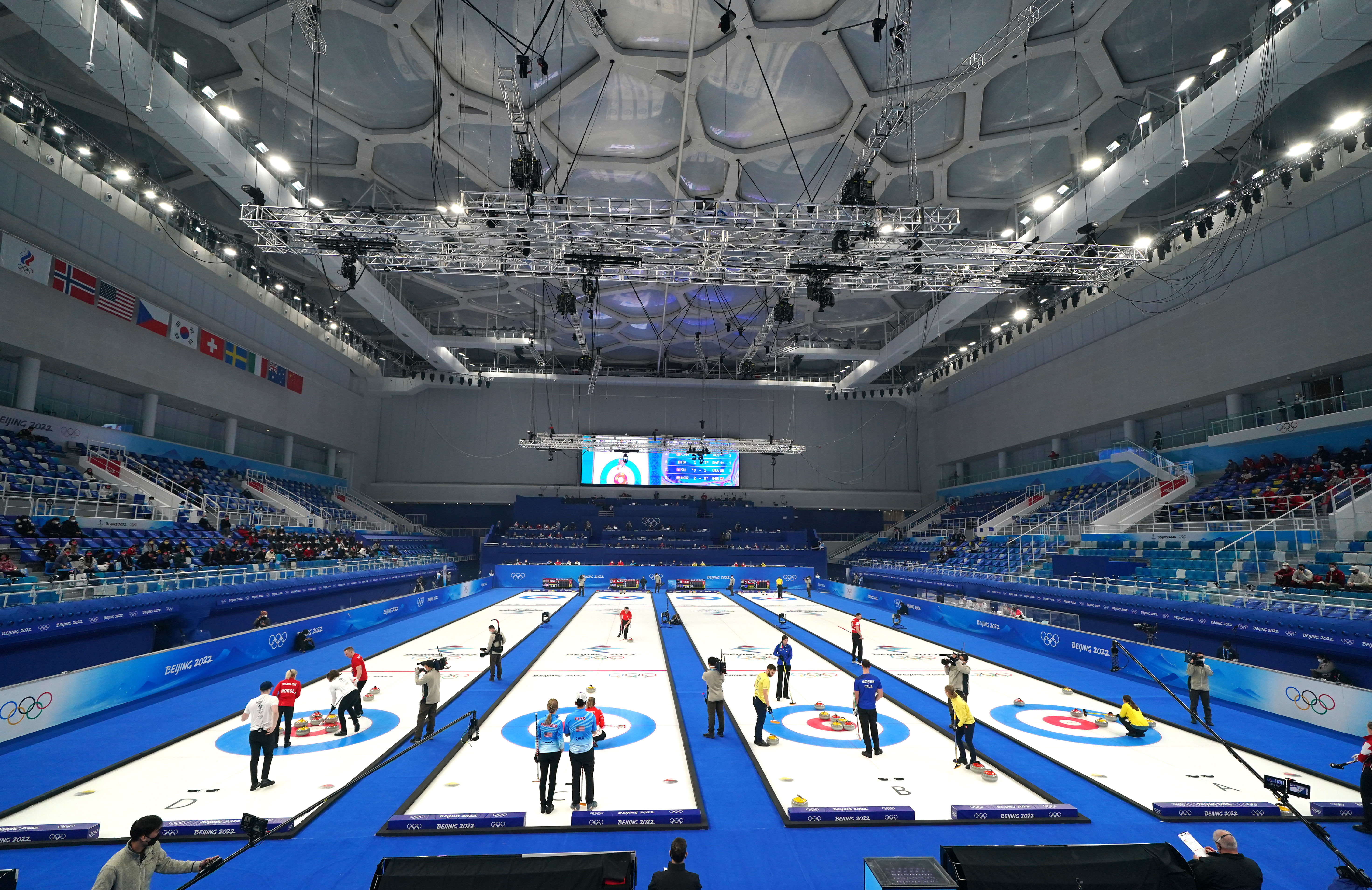 A general view of the action during the Mixed Doubles Round Robin Curling Session on day two of the Beijing 2022 Winter Olympic Games at the National Aquatics Centre, Beijing, China. Picture date: Sunday February 6, 2022. (Photo by Andrew Milligan/PA Images via Getty Images)