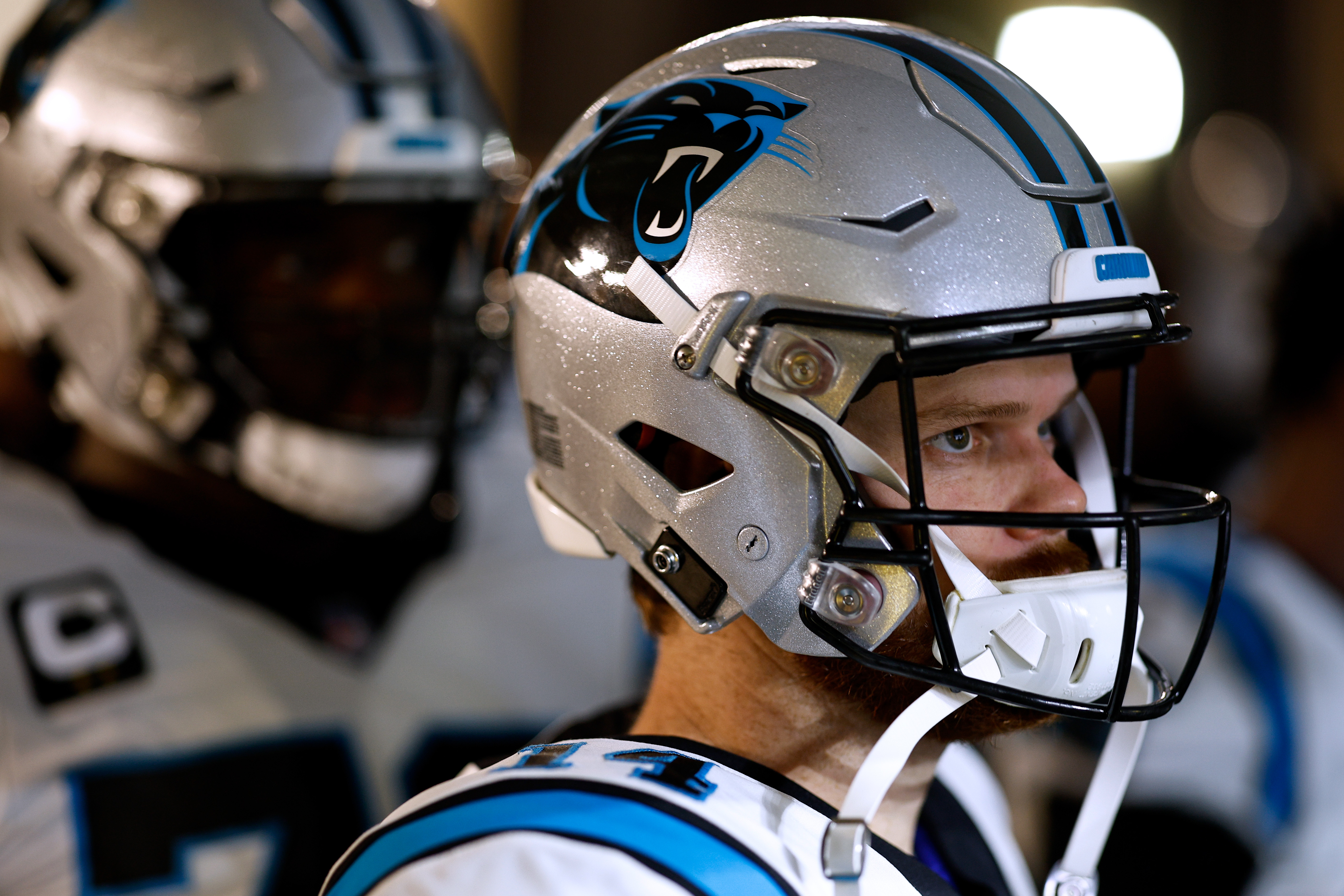 NEW ORLEANS, LOUISIANA - JANUARY 08: Sam Darnold #14 of the Carolina Panthers prepares to take the field prior to the game \ano at Caesars Superdome on January 08, 2023 in New Orleans, Louisiana. (Photo by Chris Graythen/Getty Images)