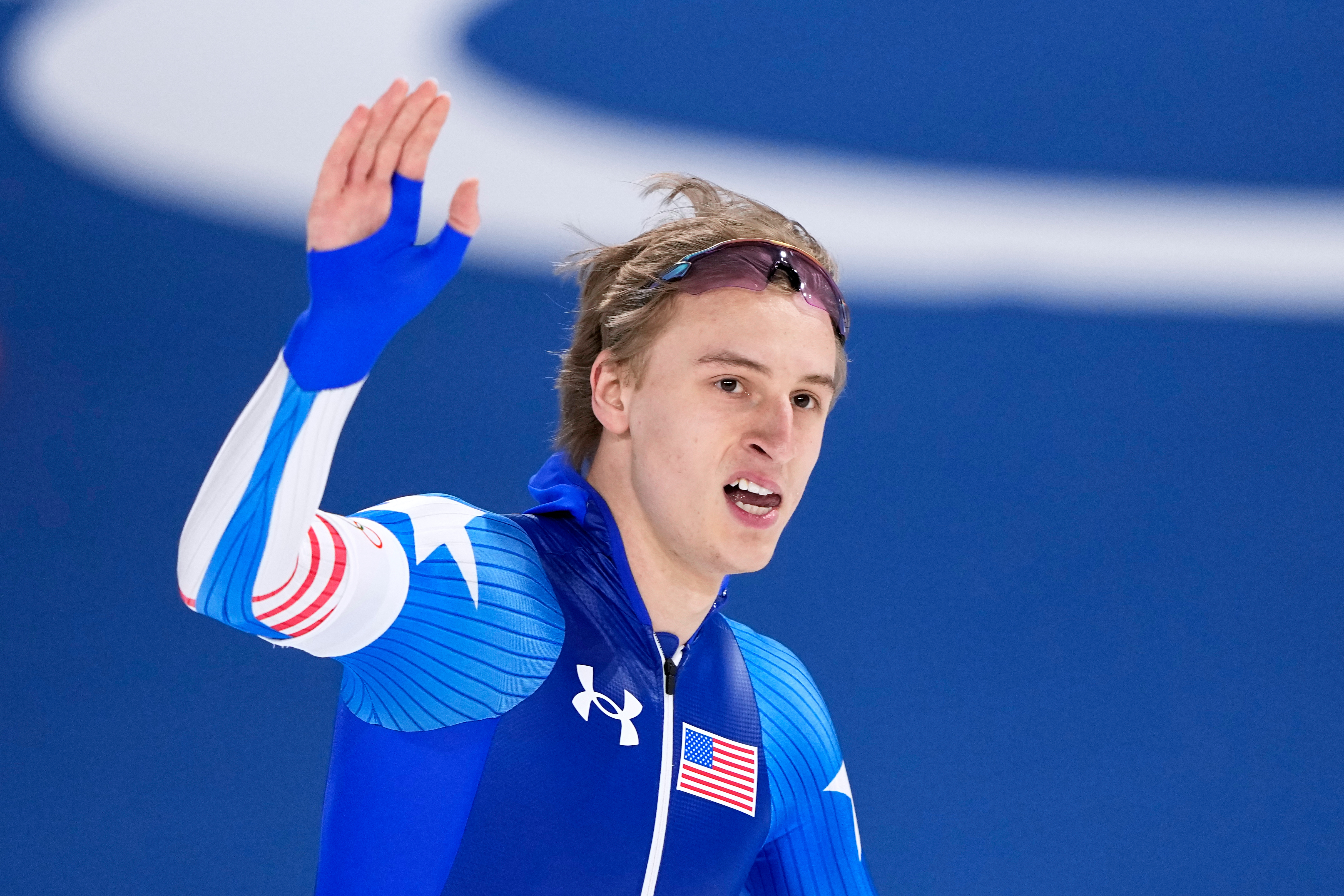 Jordan Stolz of the U.S. celebrates after competing in the men's 500 meters speedskating race at the 2026 Winter Olympics, in Milan, Italy, Saturday, Feb. 14, 2026. (AP Photo/Ben Curtis)