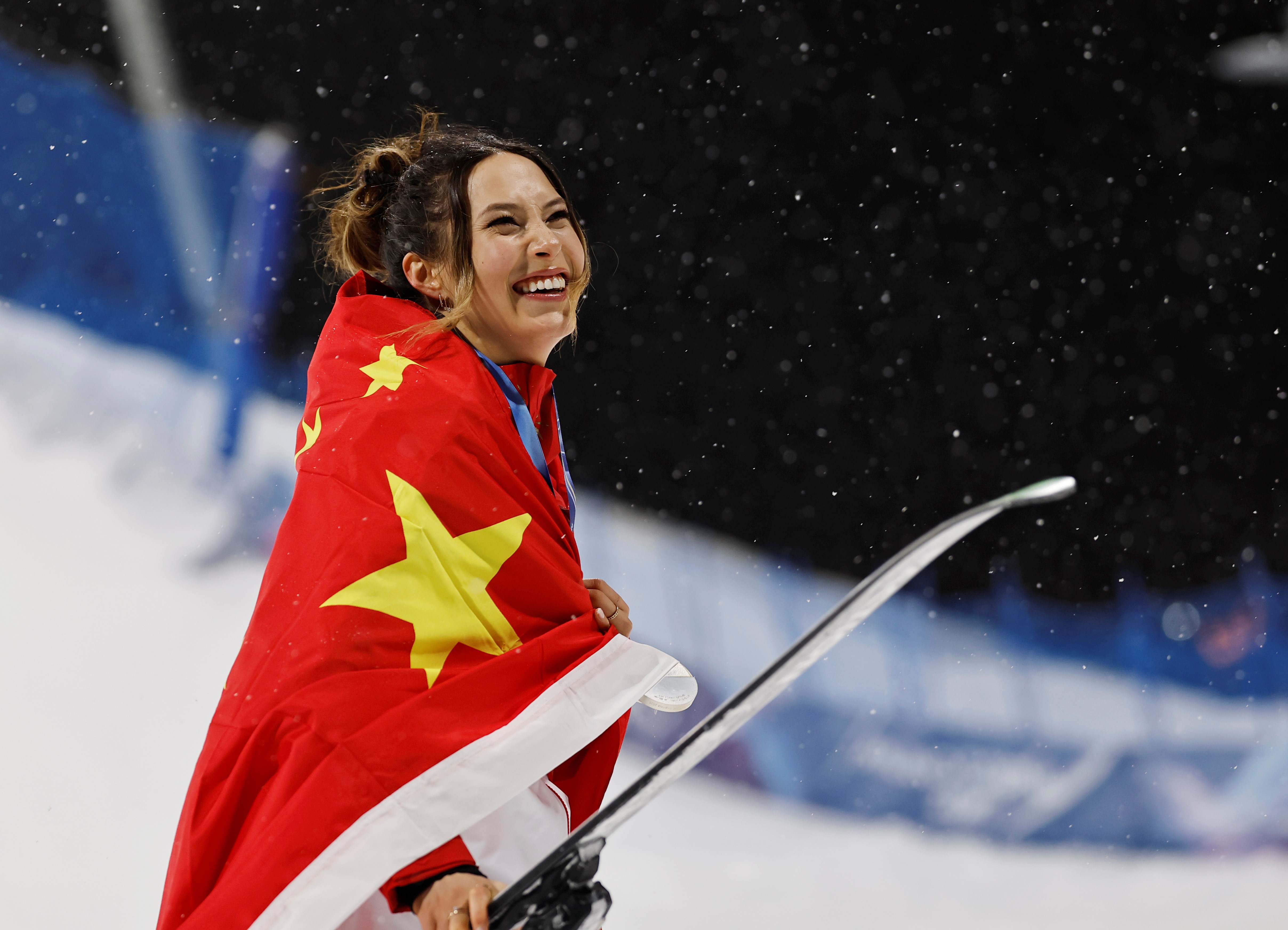 Silver medalist Gu Ailing of China reacts during the awarding ceremony of the freestyle skiing women's freeski big air event at the Milan-Cortina 2026 Olympic Winter Games in Livigno, Italy, Feb. 16, 2026. (Photo by Wang Peng/Xinhua via Getty Images)