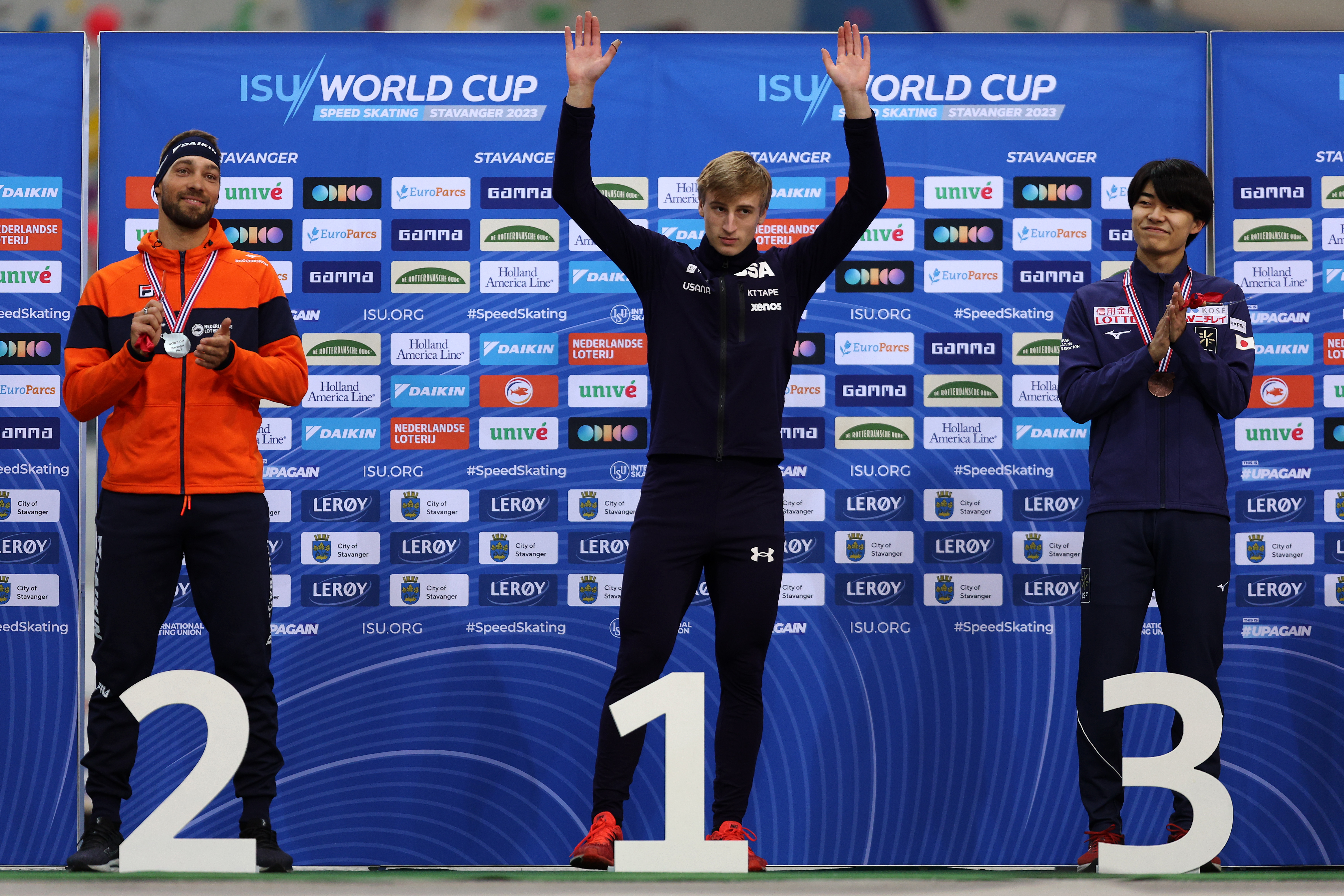 STAVANGER, NORWAY - DECEMBER 03: (L-R)  Kjeld Nuis of Netherlands poses with the silver medal, Jordan Stolz of USA with the gold medal and Kazuya Yamada of Japan with the bronze medal after the victory ceremony in the 1500m Men race on Day 3 of the ISU World Cup Speed Skating at Var Energi Arena Sormarka on December 03, 2023 in Stavanger, Norway. (Photo by Dean Mouhtaropoulos - International Skating Union/International Skating Union via Getty Images)