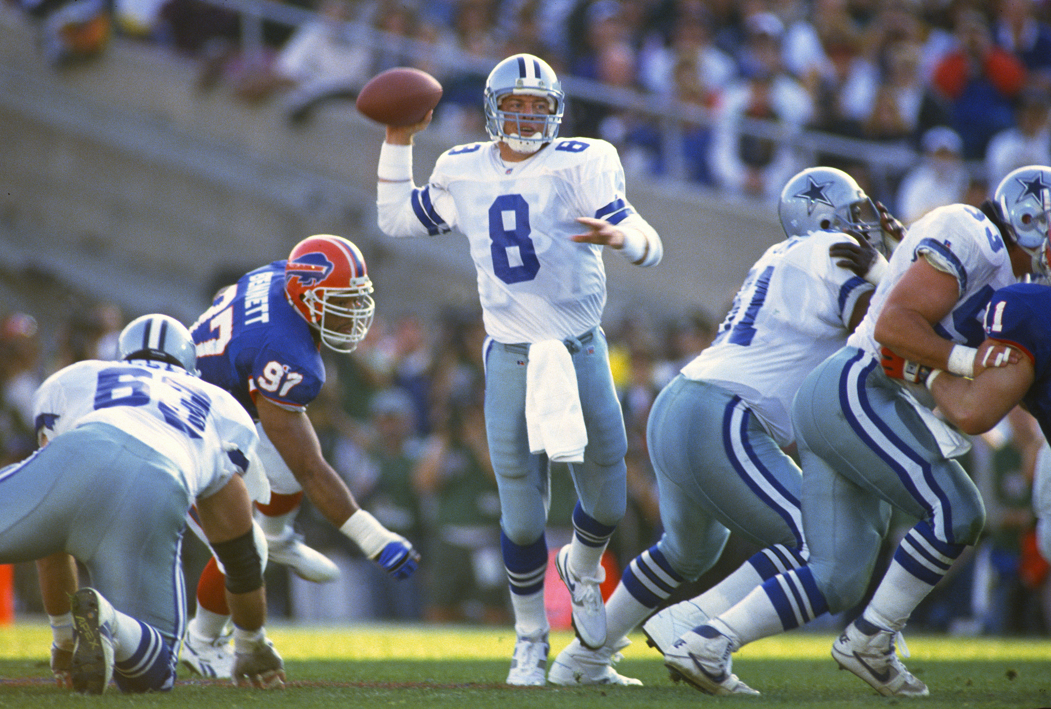 Troy Aikman (8) and the Cowboys beat the Bills two years a row in the Super Bowl, the only consecutive rematches in the game's history. (Photo by Focus on Sport/Getty Images) 