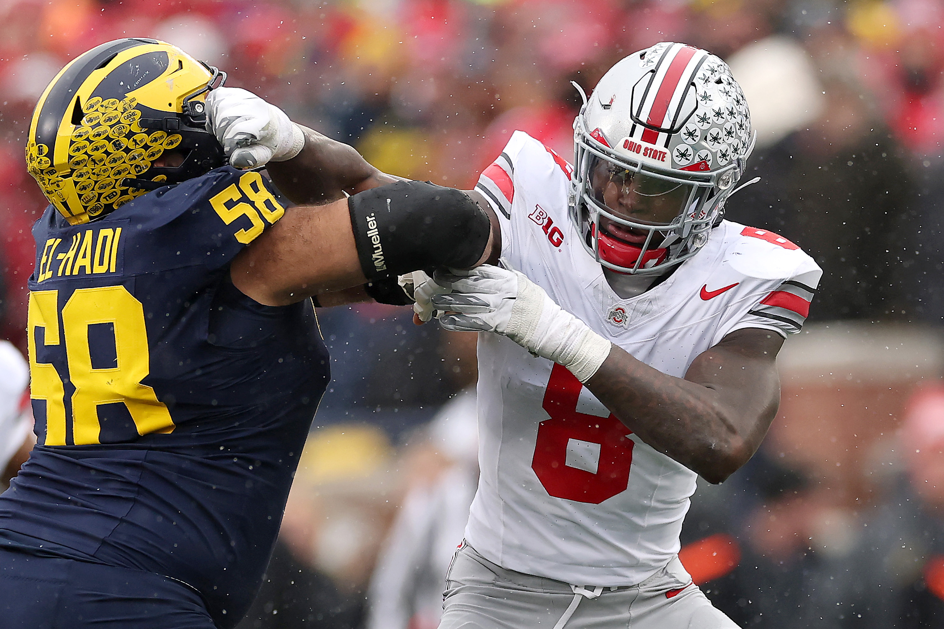 ANN ARBOR, MICHIGAN - NOVEMBER 29: Arvell Reese #8 of the Ohio State Buckeyes in action against Giovanni el-Hadi #58 of the Michigan Wolverines at Michigan Stadium on November 29, 2025 in Ann Arbor, Michigan. (Photo by Luke Hales/Getty Images)