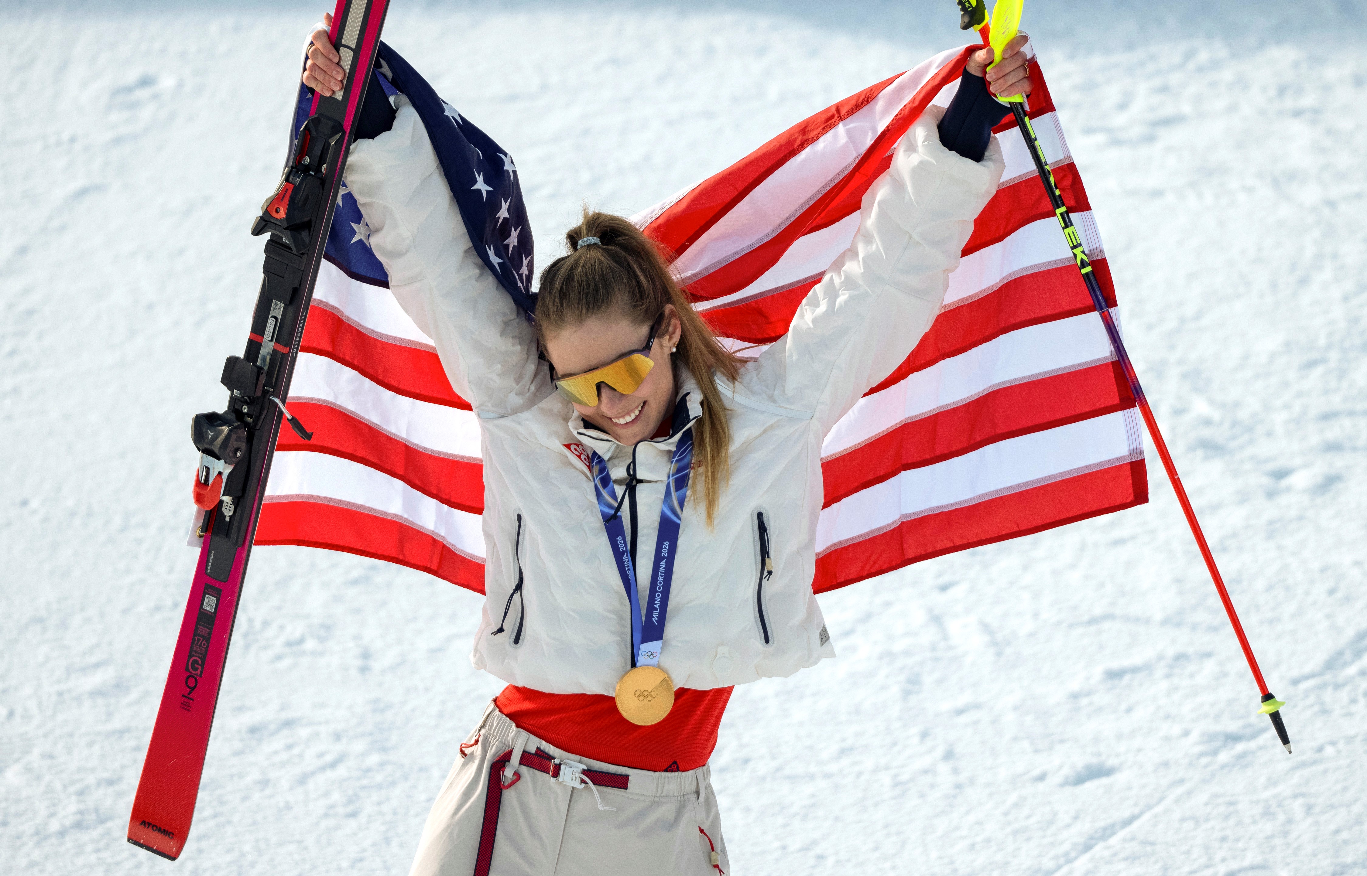 Mikaela Shiffrin of the United States poses for photos during the awarding ceremony of the alpine skiing women's slalom at the Milan-Cortina 2026 Olympic Winter Games in Cortina, Italy, Feb. 18, 2026. (Photo by Fei Maohua/Xinhua via Getty Images)