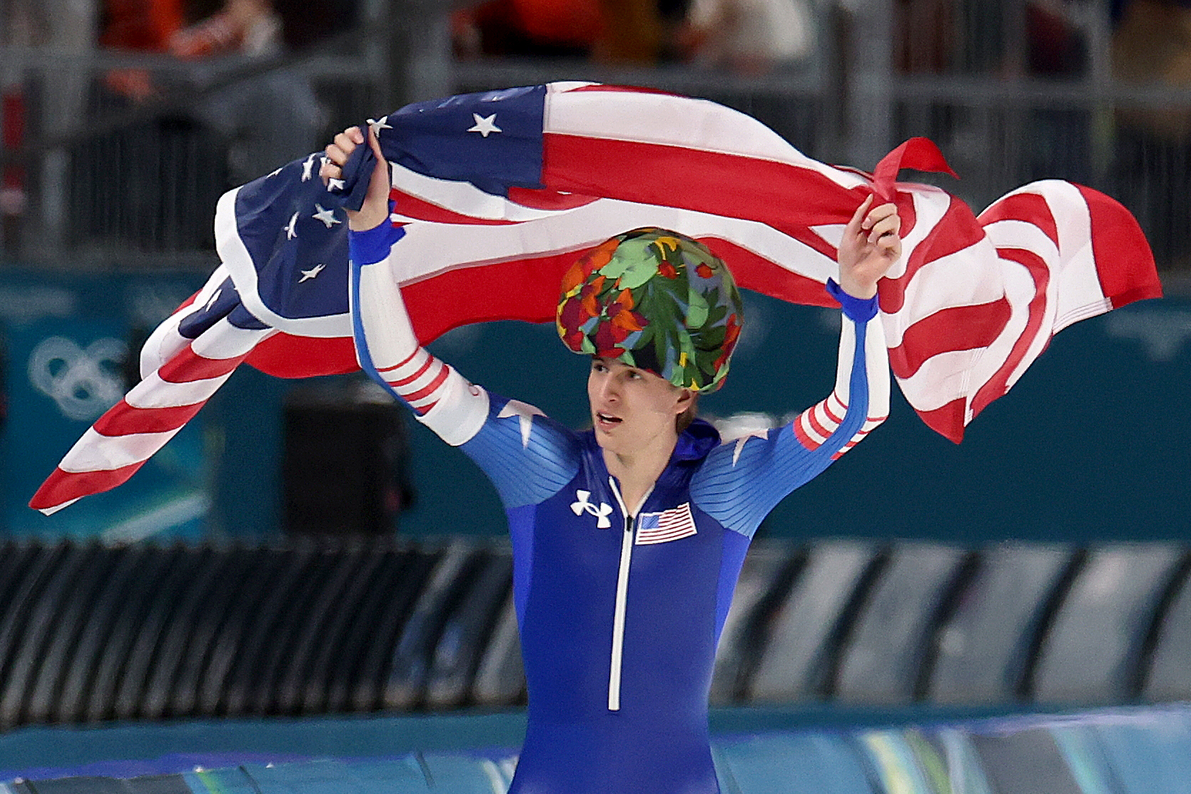 Milan, Italy - February 14, 2026: Jordan Stolz of United States celebrates after winning the men's 1000 meters speed skating event at the 2026 Winter Olympics on February 14, 2026 in Milan, Italy. (Robert Gauthier / Los Angeles Times via Getty Images)