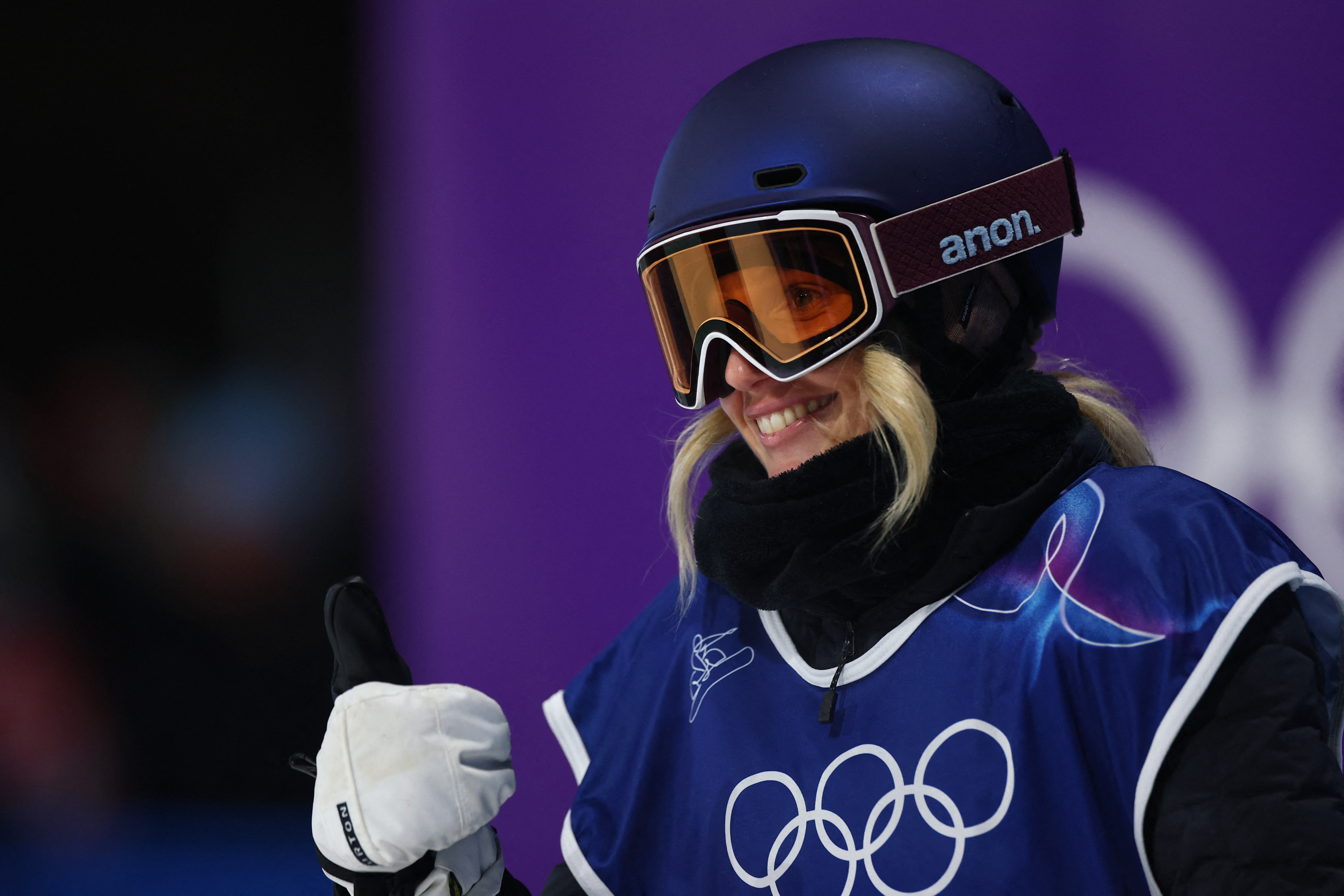 Milano Cortina 2026 Olympics - Snowboard - Women's Snowboard Big Air Qualification - Livigno Snow Park, Livigno, Italy - February 08, 2026. Anna Gasser of Austria reacts after her third run of the Women's Snowboard Big Air Qualification REUTERS/Gonzalo Fuentes