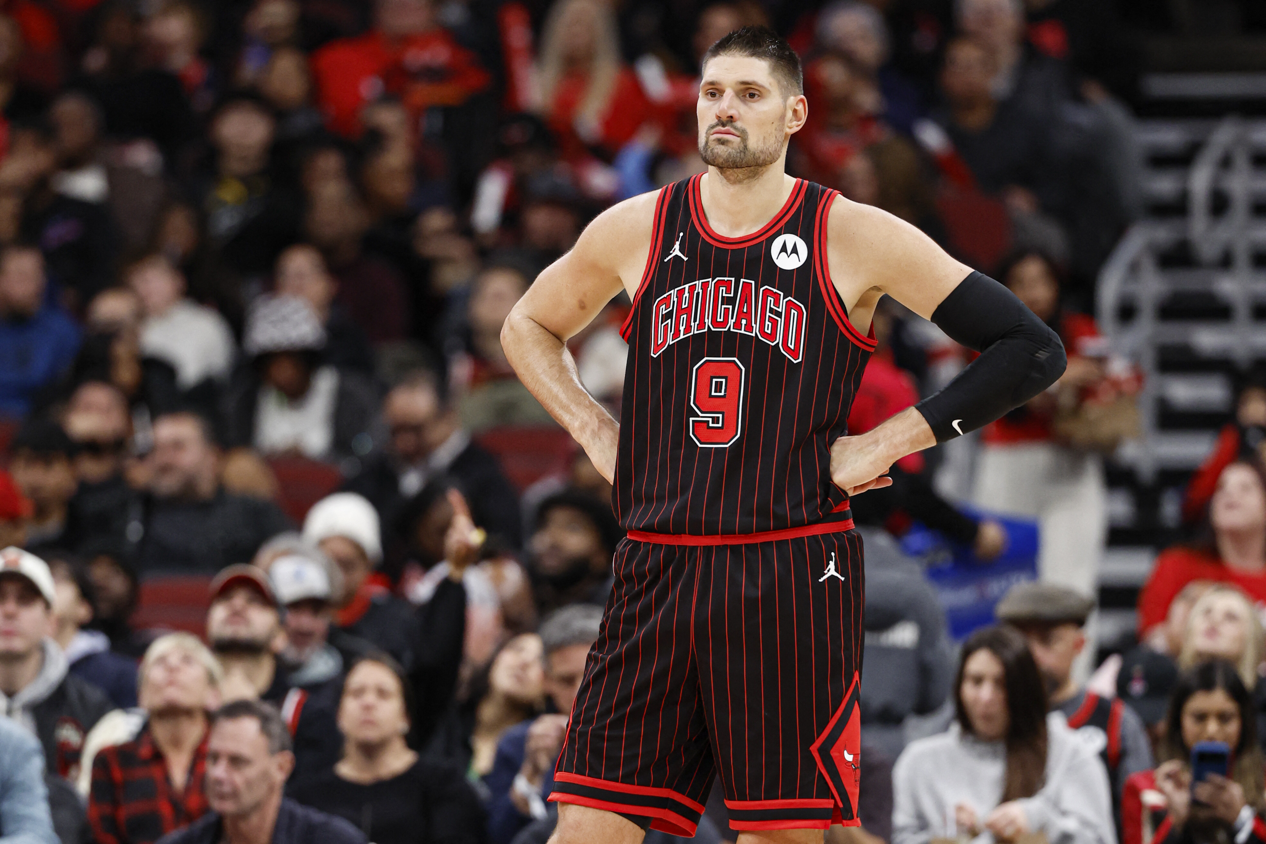Dec 7, 2025; Chicago, Illinois, USA; Chicago Bulls center Nikola Vucevic (9) stands on the court during the second half at United Center. Mandatory Credit: Kamil Krzaczynski-Imagn Images