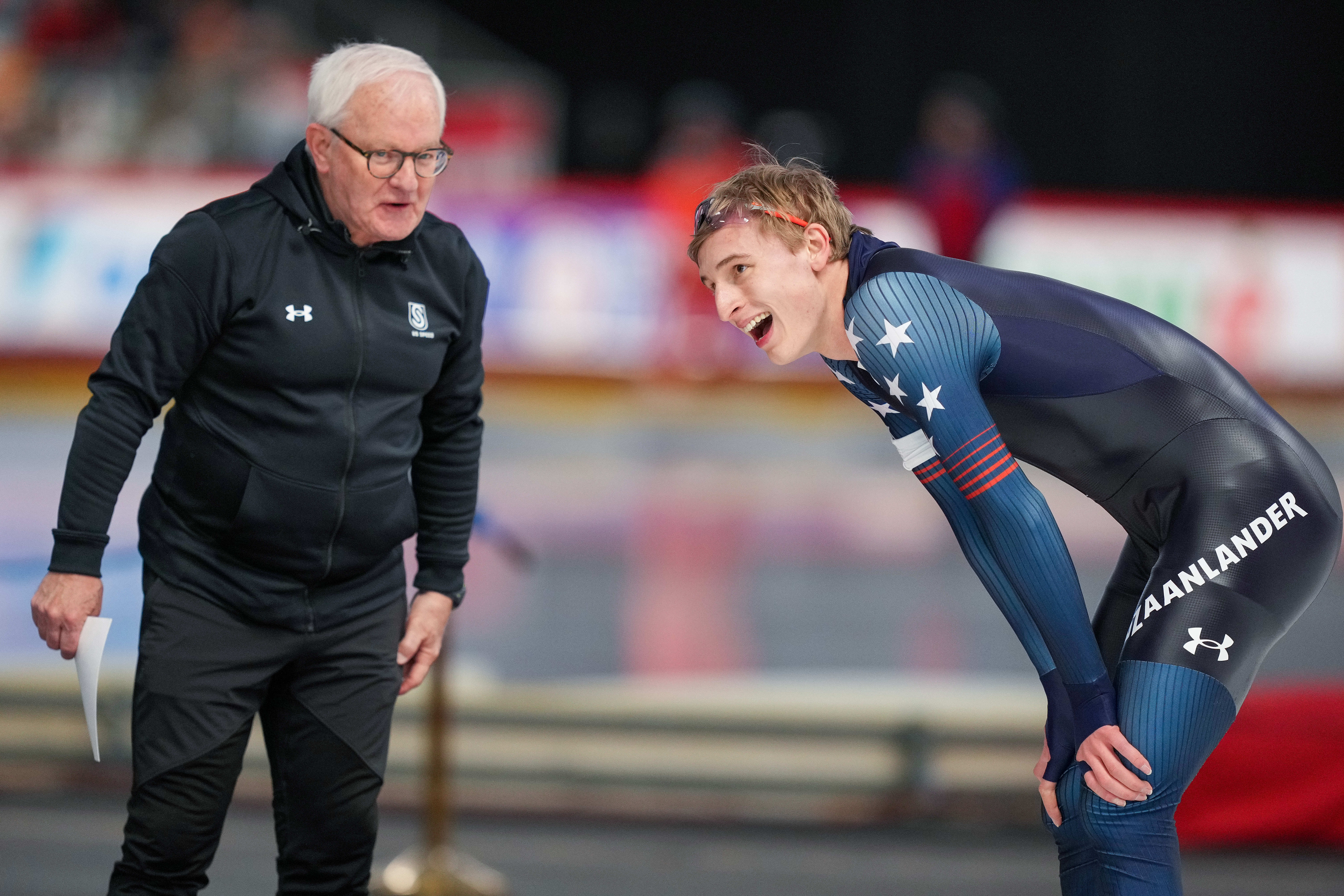 INZELL, GERMANY - MARCH 9: coach Bob Corby of USA, Jordan Stolz of USA after competing on the Men's 5000m during the ISU World Speed Skating Allround Championships at Max Aicher Arena on March 9, 2024 in Inzell, Germany. (Photo by Douwe Bijlsma/BSR Agency/Getty Images)
