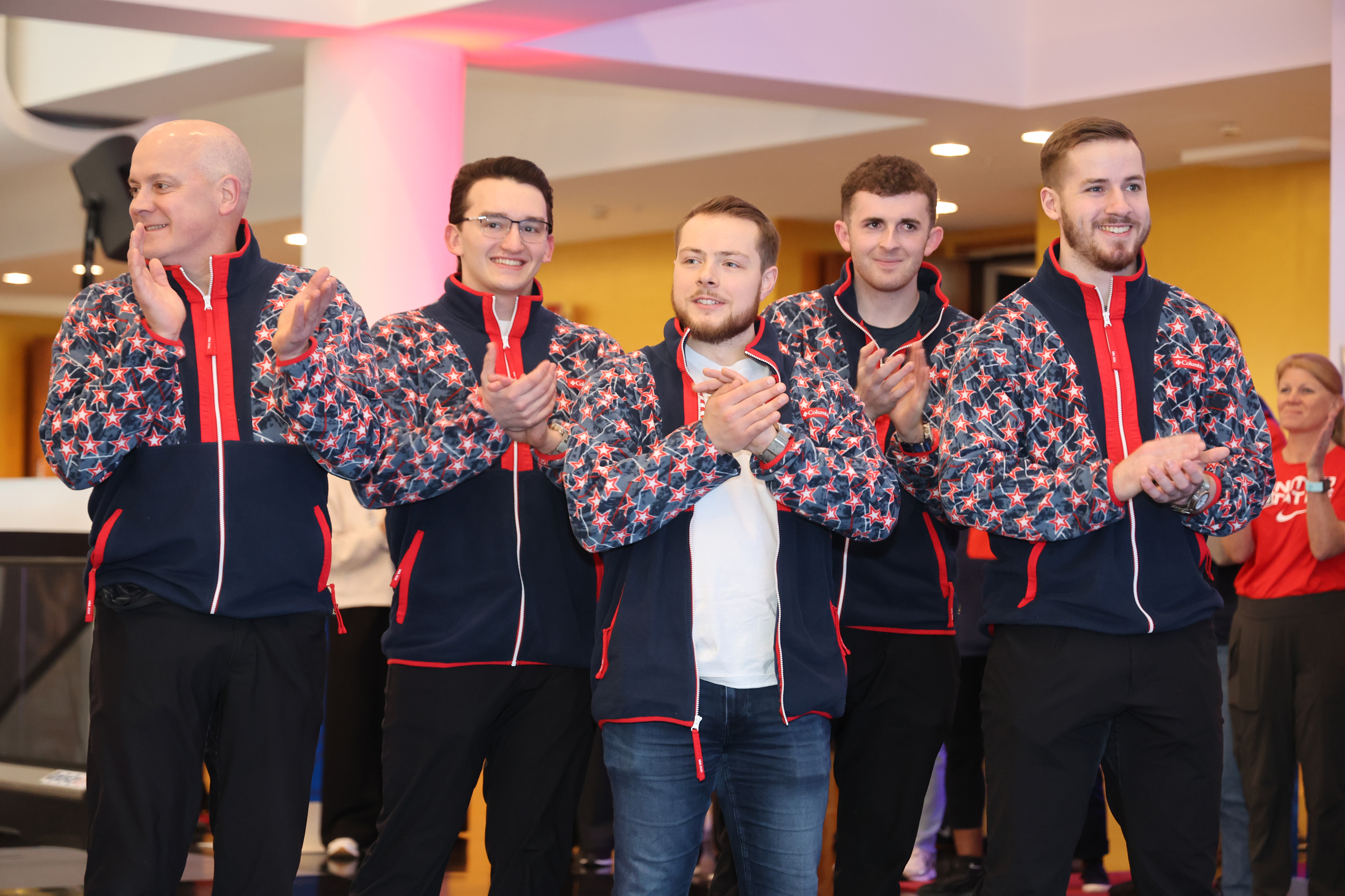 MILAN, ITALY - FEBRUARY 04:  U.S. Olympians Rich Ruohonen, Aidan Oldenburg, Luc Violette, Daniel Casper and Benjamin Richardson attend the Team USA Welcome Experience at the 2026 Milan-Cortina Olympics on February 04, 2026 in Milan, Italy. (Photo by Joe Scarnici/Getty Images)