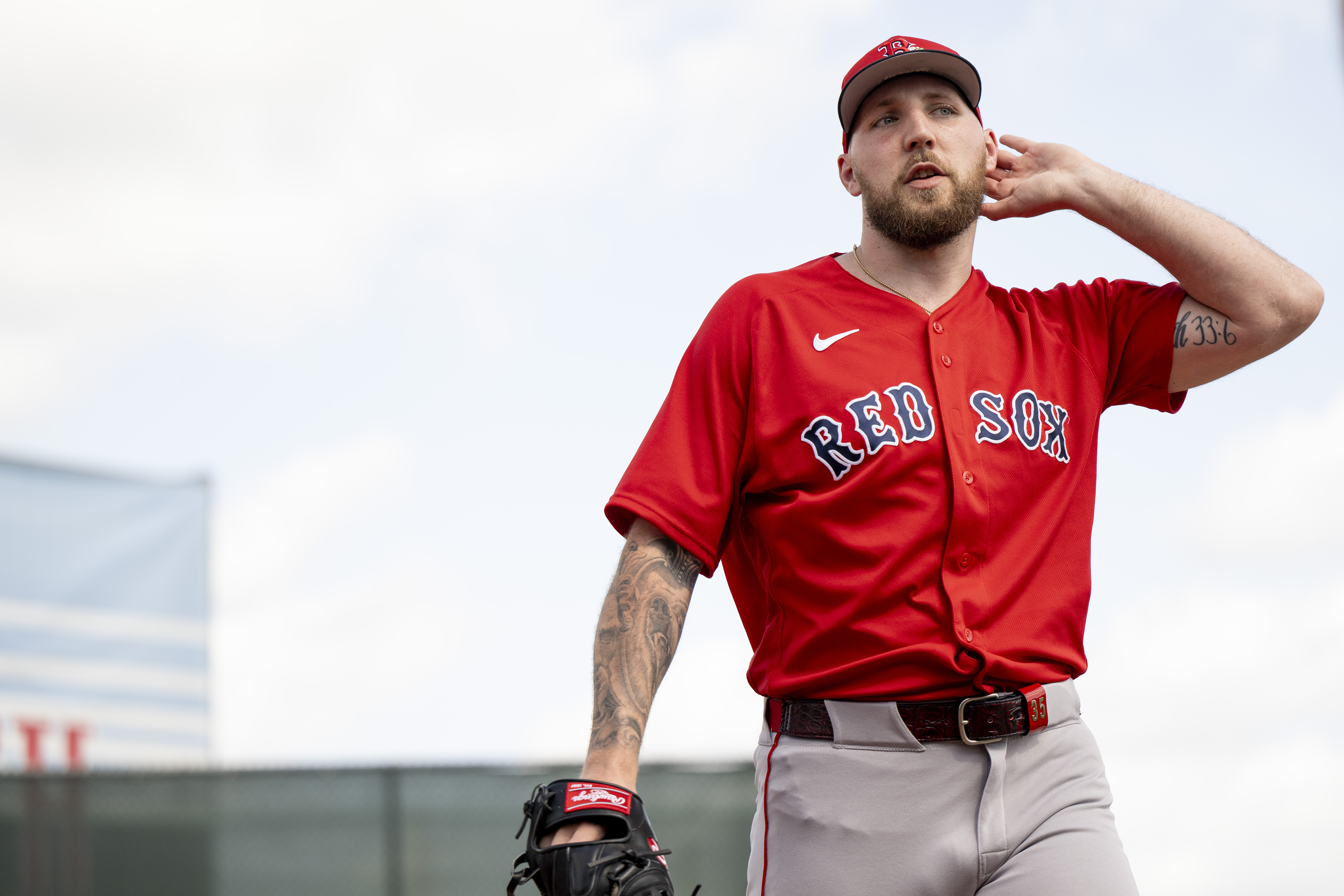 FORT MYERS, FLORIDA - FEBRUARY 18: Garrett Crochet #35 of the Boston Red Sox reacts as he throws in the bullpen during a workout  at JetBlue Park at Fenway South on February 18, 2026 in Fort Myers, Florida. (Photo by Maddie Malhotra/Boston Red Sox/Getty Images)