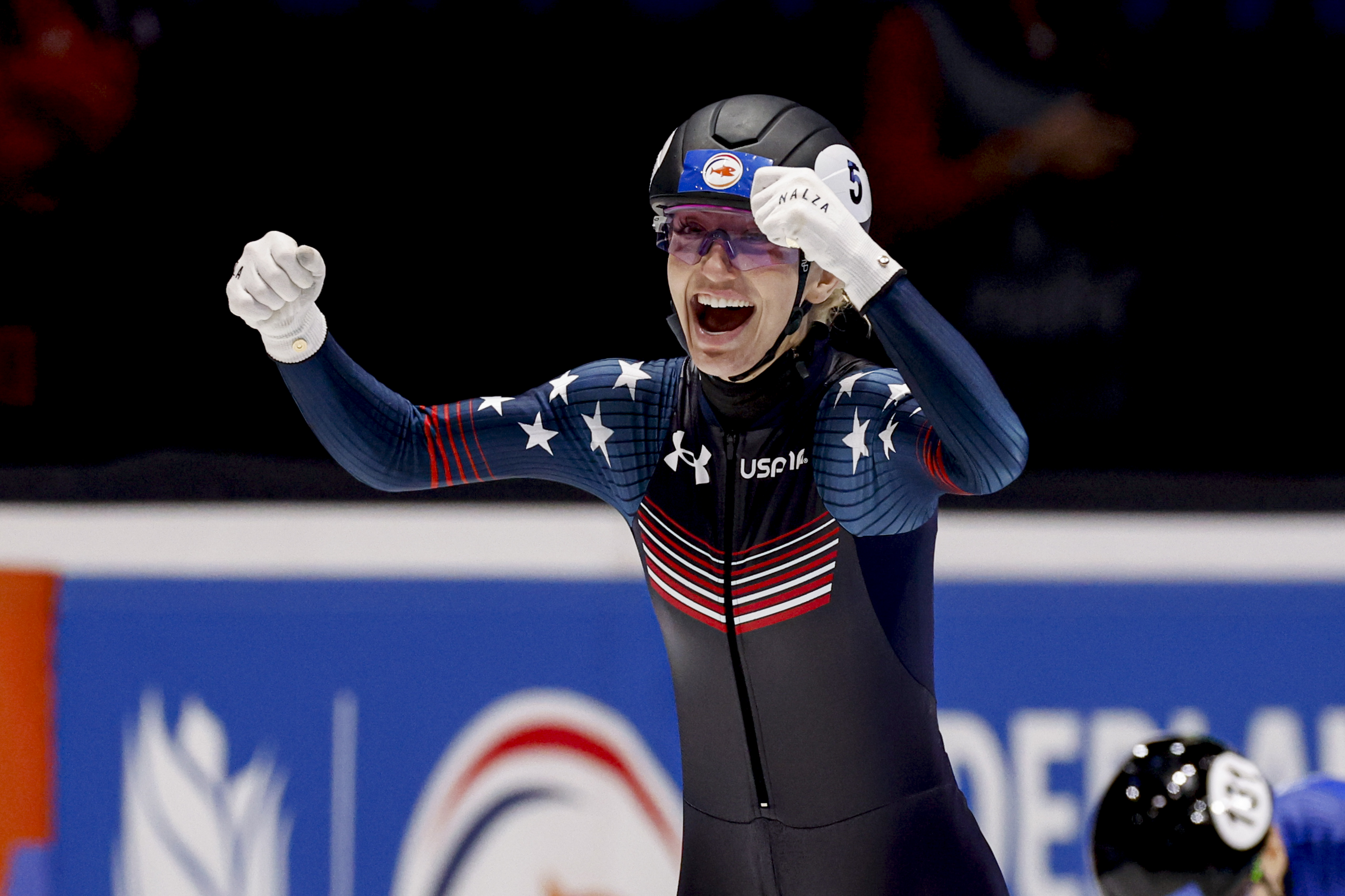 ROTTERDAM, NETHERLANDS - MARCH 17: Wolrd Champion Kristen Santos-Griswold of United States of America competing on the Women's 1000m Final A on Day 3 during the ISU World Short Track Championships 2024 at Rotterdam Ahoy on March 17, 2024 in Rotterdam, Netherlands. (Photo by Marcel ter Bals/DeFodi Images via Getty Images)