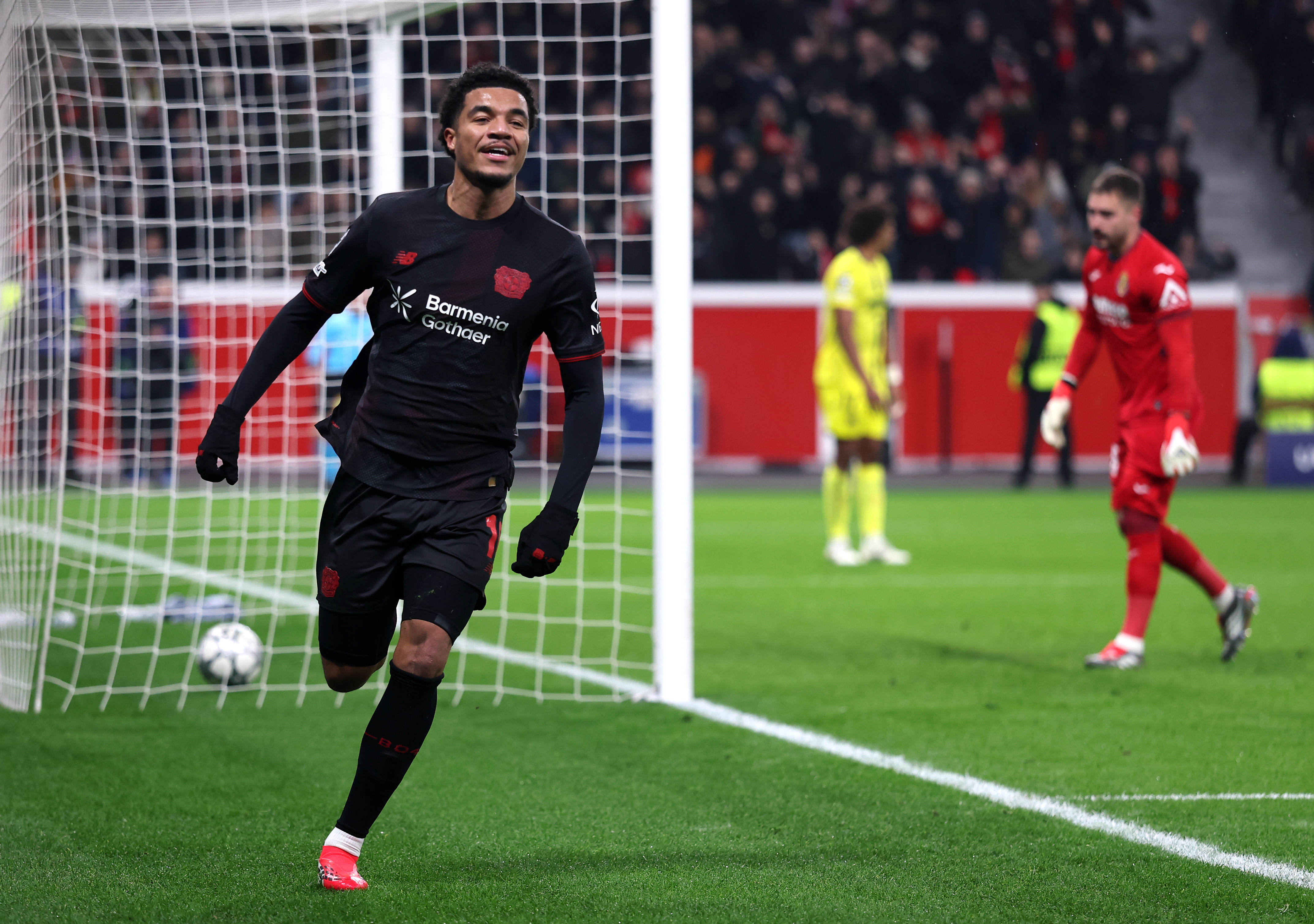 LEVERKUSEN, GERMANY - JANUARY 28: Malik Tillman of Bayer 04 Leverkusen celebrates scoring his team's first goal during the UEFA Champions League 2025/26 League Phase MD8 match between Bayer 04 Leverkusen and Villarreal CF at BayArena on January 28, 2026 in Leverkusen, Germany. (Photo by Lars Baron/Getty Images)