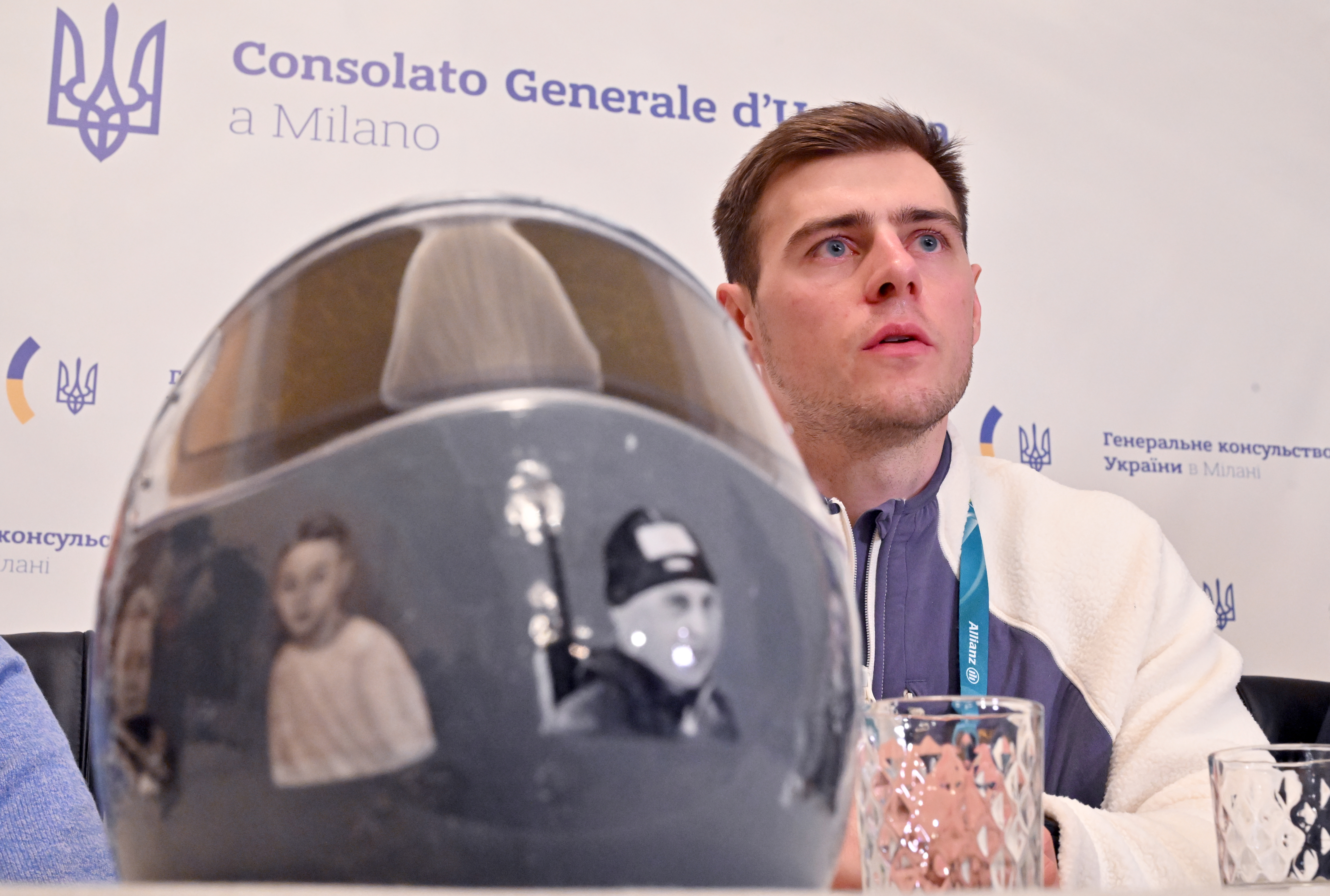12 February 2026, Italy, Mailand: Olympia, Olympic Winter Games Milan Cortina 2026, skeleton pilot Vladislav Heraskevych (Ukraine) speaks at a press conference at the Ukrainian consulate in Milan. Heraskevych was excluded from the competition because he insisted on wearing a helmet with photos of Ukrainian athletes who were killed in the Russian war of aggression. Photo: Peter Kneffel/dpa (Photo by Peter Kneffel/picture alliance via Getty Images)
