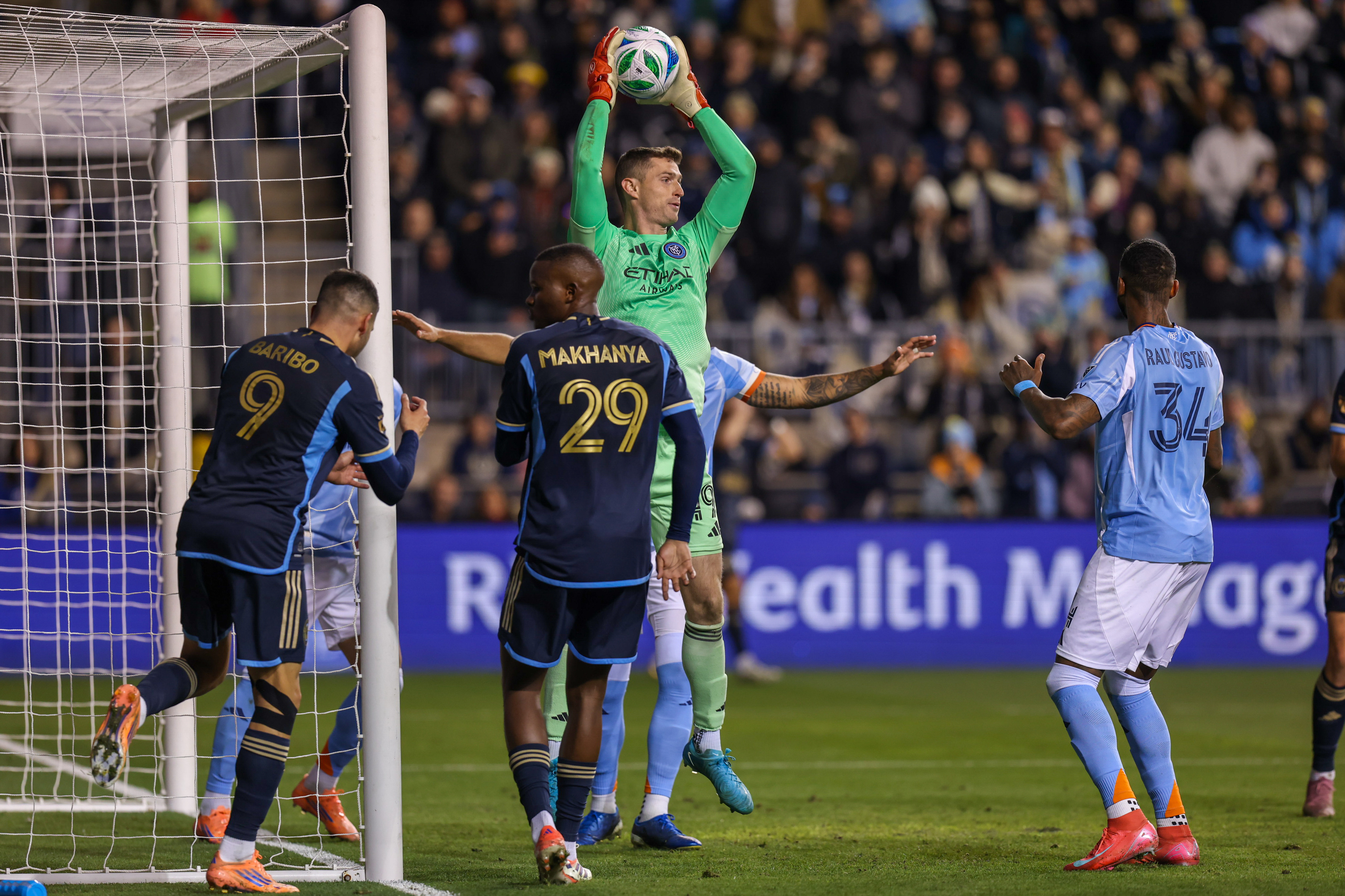 CHESTER, PENNSYLVANIA - NOVEMBER 23: Matt Freese #49 of New York City catches a cross during a game against the Philadelphia Union at Subaru Park on November 23, 2025 in Chester, Pennsylvania. (Photo by Roger Wimmer/ISI Photos/ISI Photos via Getty Images)