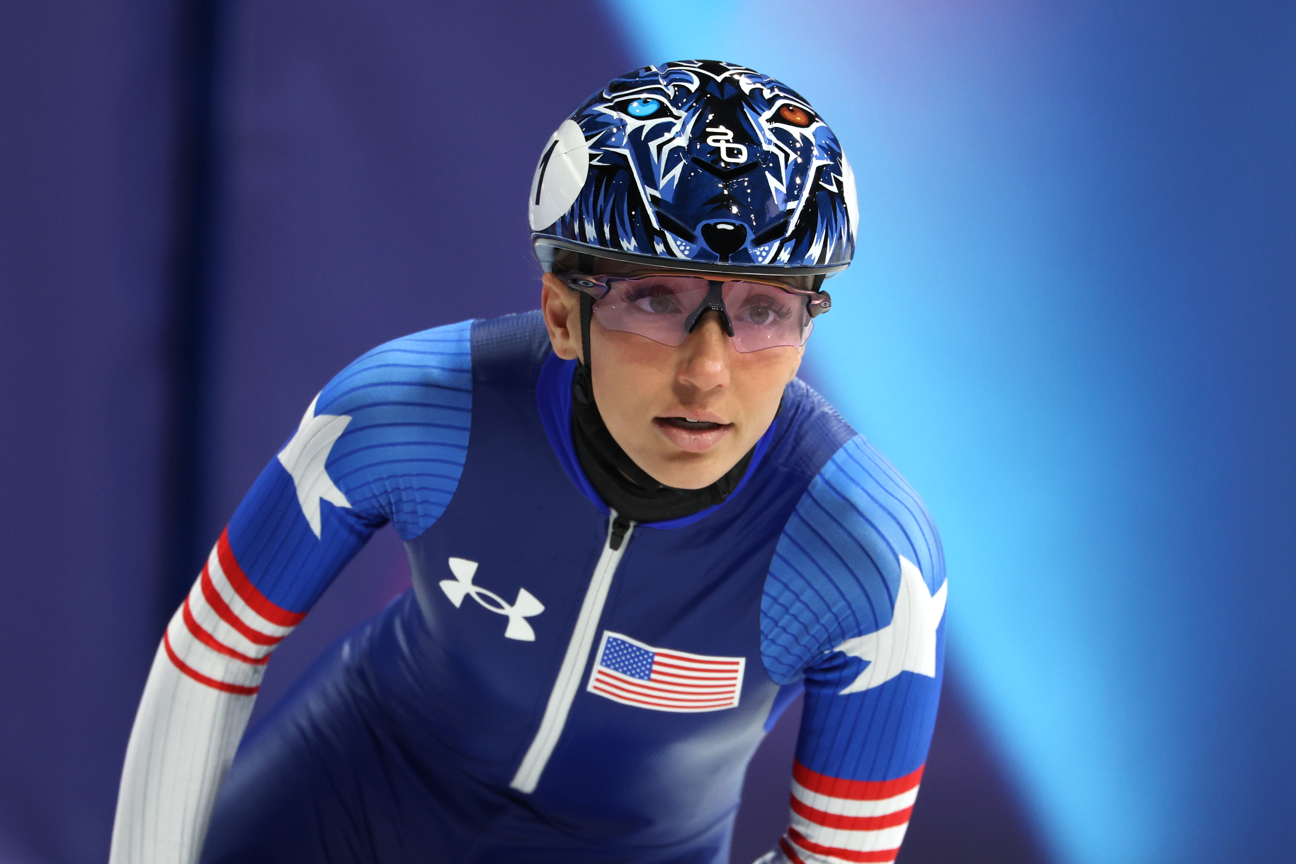 MILAN, ITALY - FEBRUARY 16: Kristen Santos-Griswold of Team United States reacts after competing in quarterfinal 3 of the Short Track Speed Skating Women's 1000m on day ten of the Milano Cortina 2026 Winter Olympic games at Milano Ice Skating Arena on February 16, 2026 in Milan, Italy. (Photo by Jamie Squire/Getty Images)