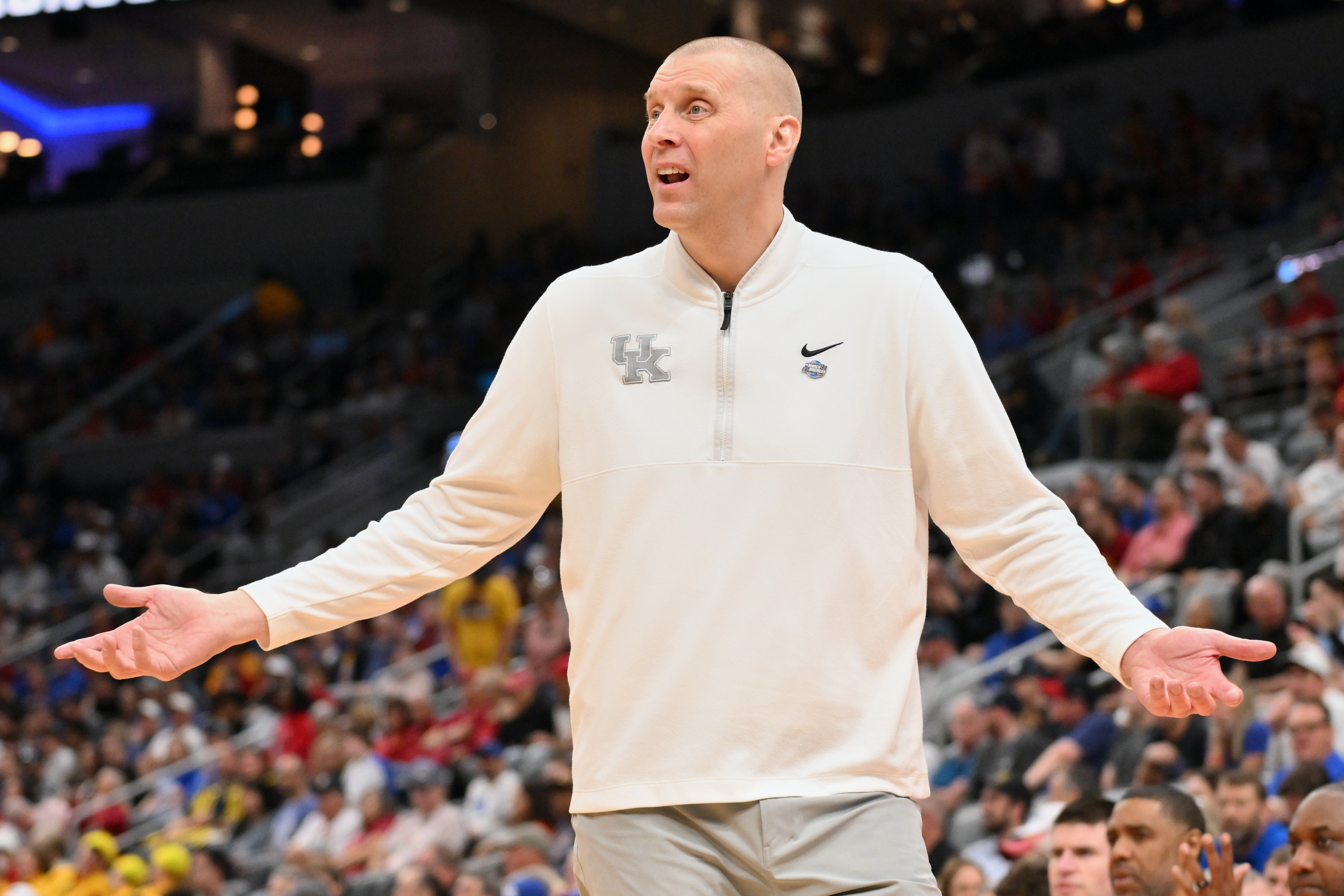 Mar 20, 2026; St. Louis, MO, USA; Kentucky Wildcats head coach Mark Pope reacts against the Santa Clara Broncos during the first half of a first round game of the men's 2026 NCAA Tournament at Enterprise Center. Mandatory Credit: Jeff Curry-Imagn Images