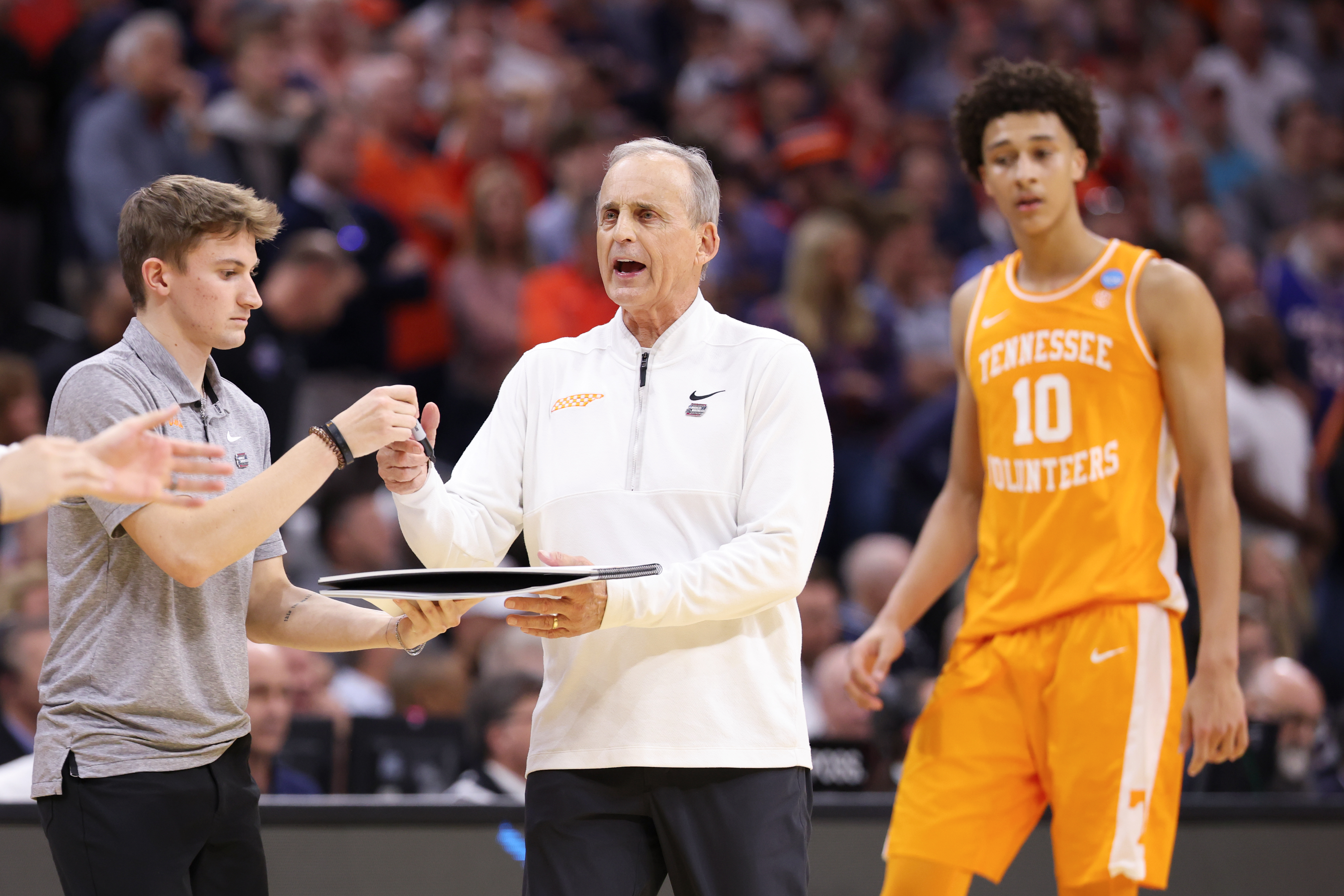 PHILADELPHIA, PENNSYLVANIA - MARCH 22: Tennessee Volunteers head coach Rick Barnes draws a play during the second half in the second round of the 2026 NCAA Men's Basketball Tournament at Xfinity Mobile Arena on March 22, 2026 in Philadelphia, Pennsylvania.  (Photo by Emilee Chinn/Getty Images)