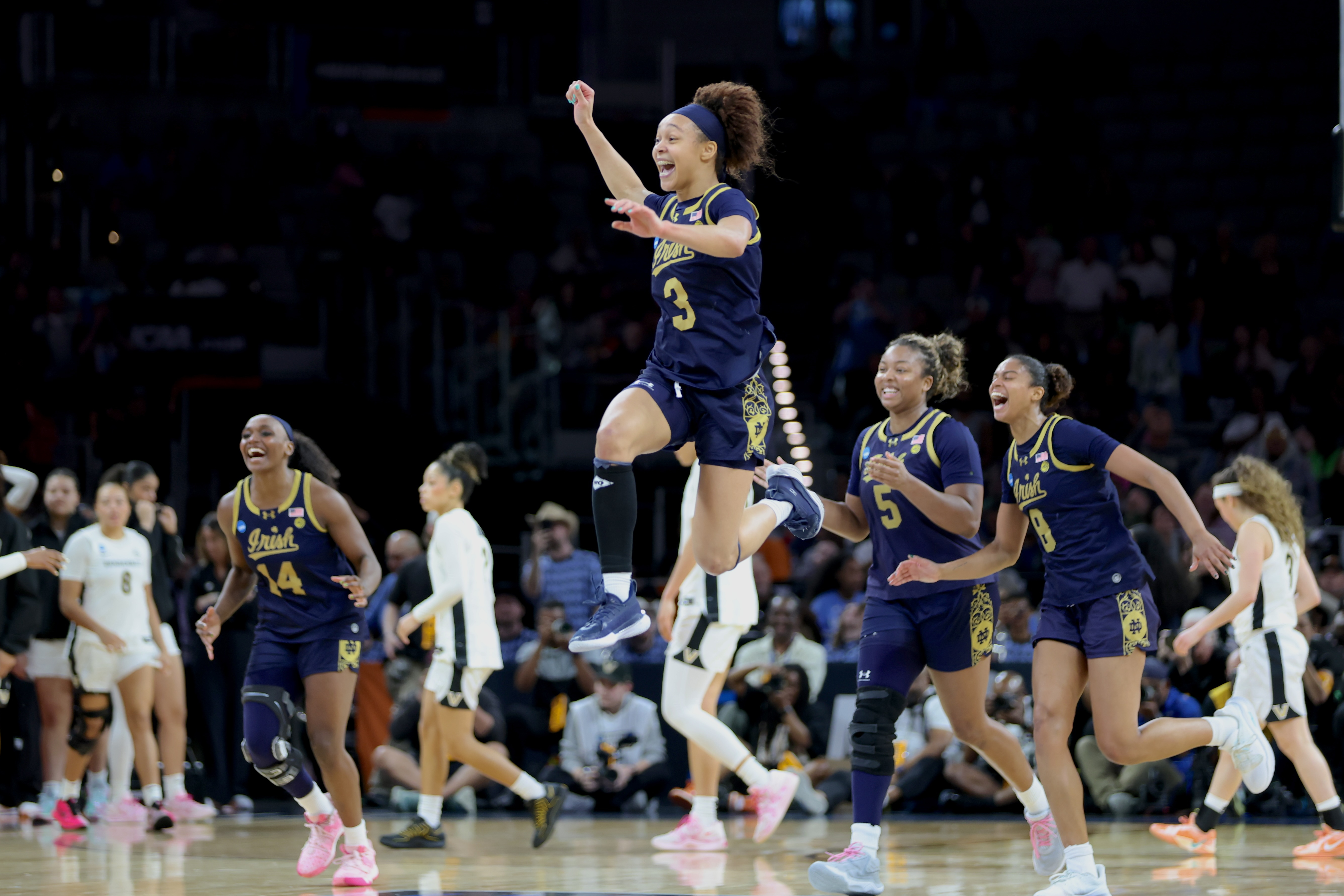 FORT WORTH, TEXAS - MARCH 27: Hannah Hidalgo #3 of the Notre Dame Fighting Irish reacts following a Sweet Sixteen round game against the Vanderbilt Commodores of the 2026 NCAA Women's Basketball Tournament held at Dickies Arena on March 27, 2026 in Fort Worth, Texas. (Photo by Chris Swann/NCAA Photos via Getty Images)