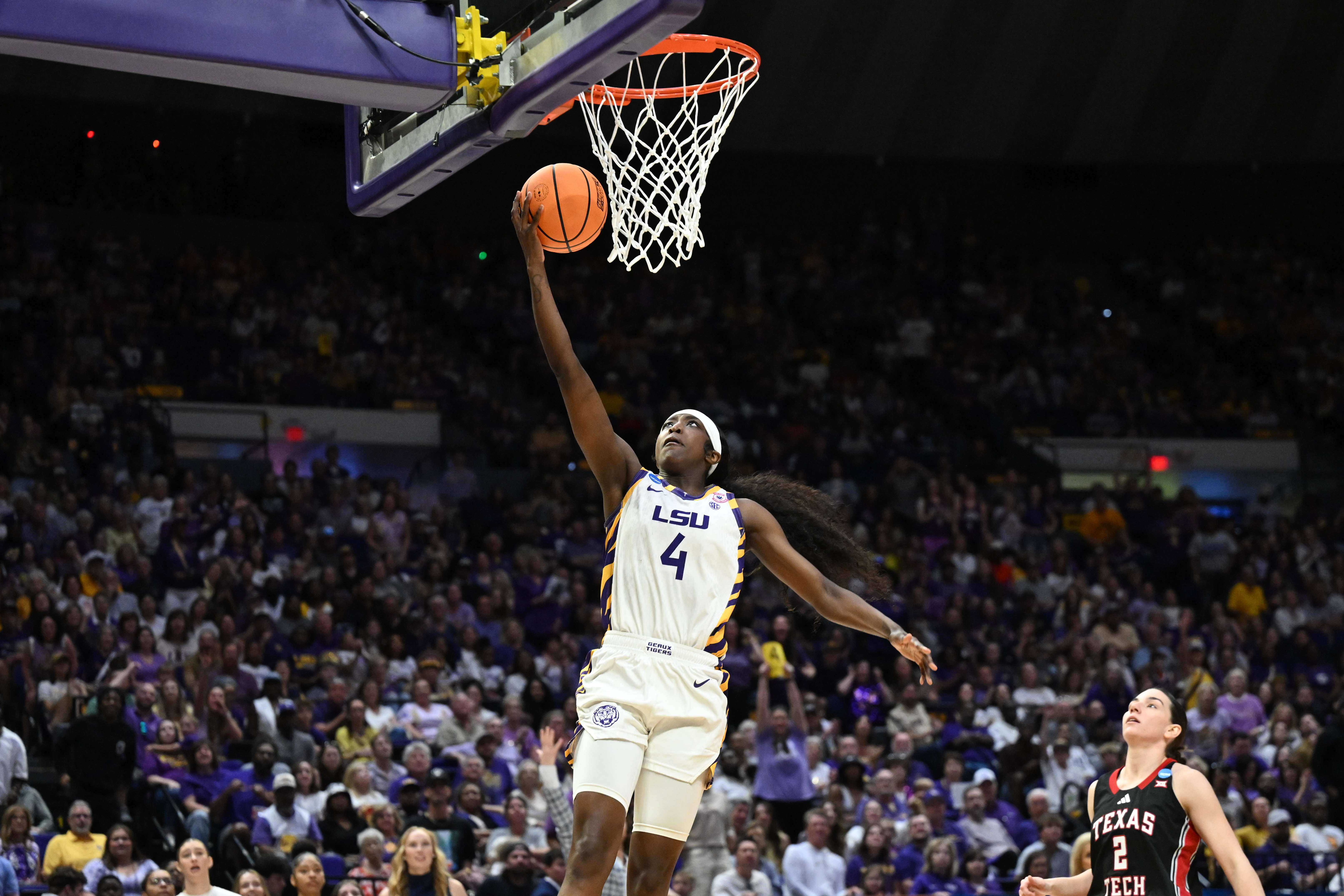 BATON ROUGE, LOUISIANA - MARCH 22: Flau'jae Johnson #4 of the LSU Tigers shoots against the Texas Tech Red Raiders during a second round game of the 2026 NCAA Women's Basketball Tournament held at Pete Maravich Assembly Center on March 22, 2026 in Baton Rouge, Louisiana. (Photo by Ella Hall/NCAA Photos via Getty Images)