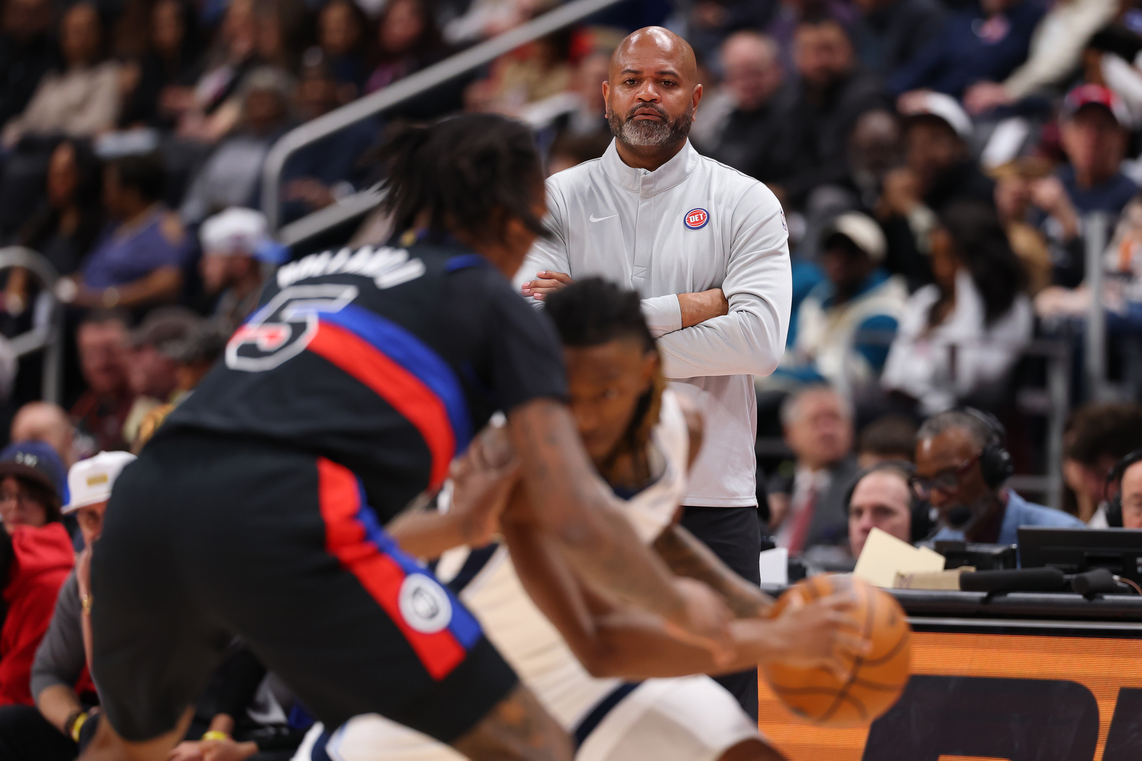 DETROIT, MICHIGAN - MARCH 13: Head coach J.B. Bickerstaff  of the Detroit Pistons looks on in the first half while playing the Memphis Grizzlies at Little Caesars Arena on March 13, 2026 in Detroit, Michigan. NOTE TO USER: User expressly acknowledges and agrees that, by downloading and or using this photograph, User is consenting to the terms and conditions of the Getty Images License Agreement. (Photo by Gregory Shamus/Getty Images)