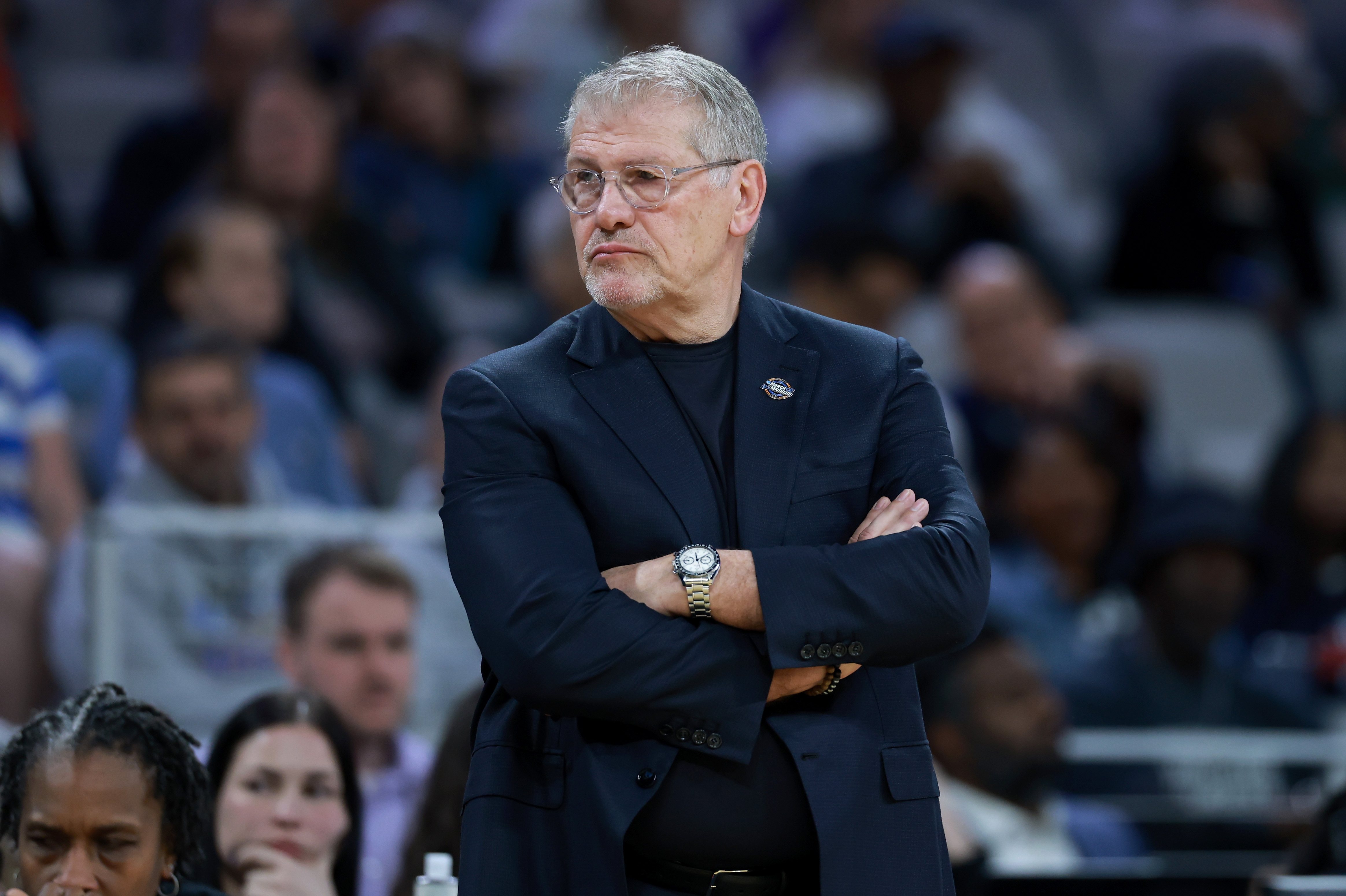 FORT WORTH, TEXAS - MARCH 27: Head coach Geno Auriemma of the UConn Huskies looks on during the third quarter against the North Carolina Tar Heels in the Sweet Sixteen of the 2026 NCAA Women's Basketball Tournament at Dickies Arena on March 27, 2026 in Fort Worth, Texas. (Photo by Elsa/Getty Images)